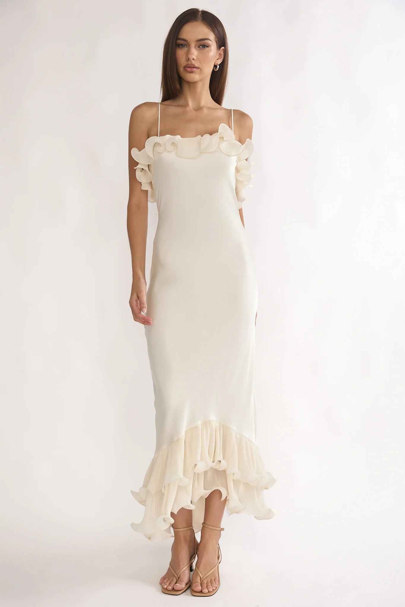 Okay, Cupid Low Back Ruffle Trim Maxi Dress Oyster