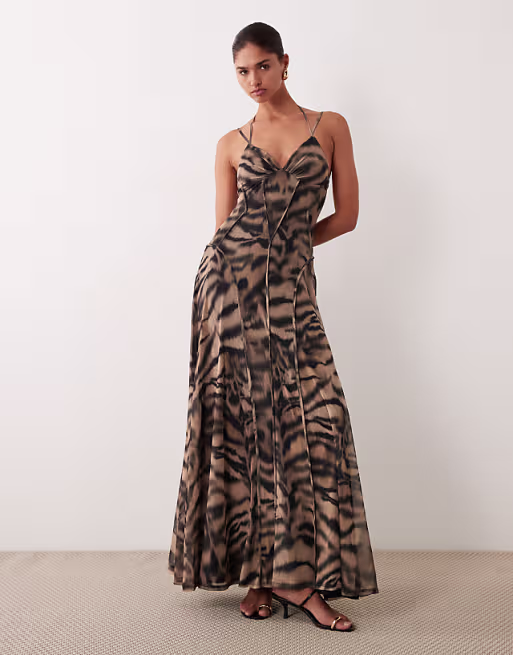 mesh maxi dress with seam detailing in animal print
