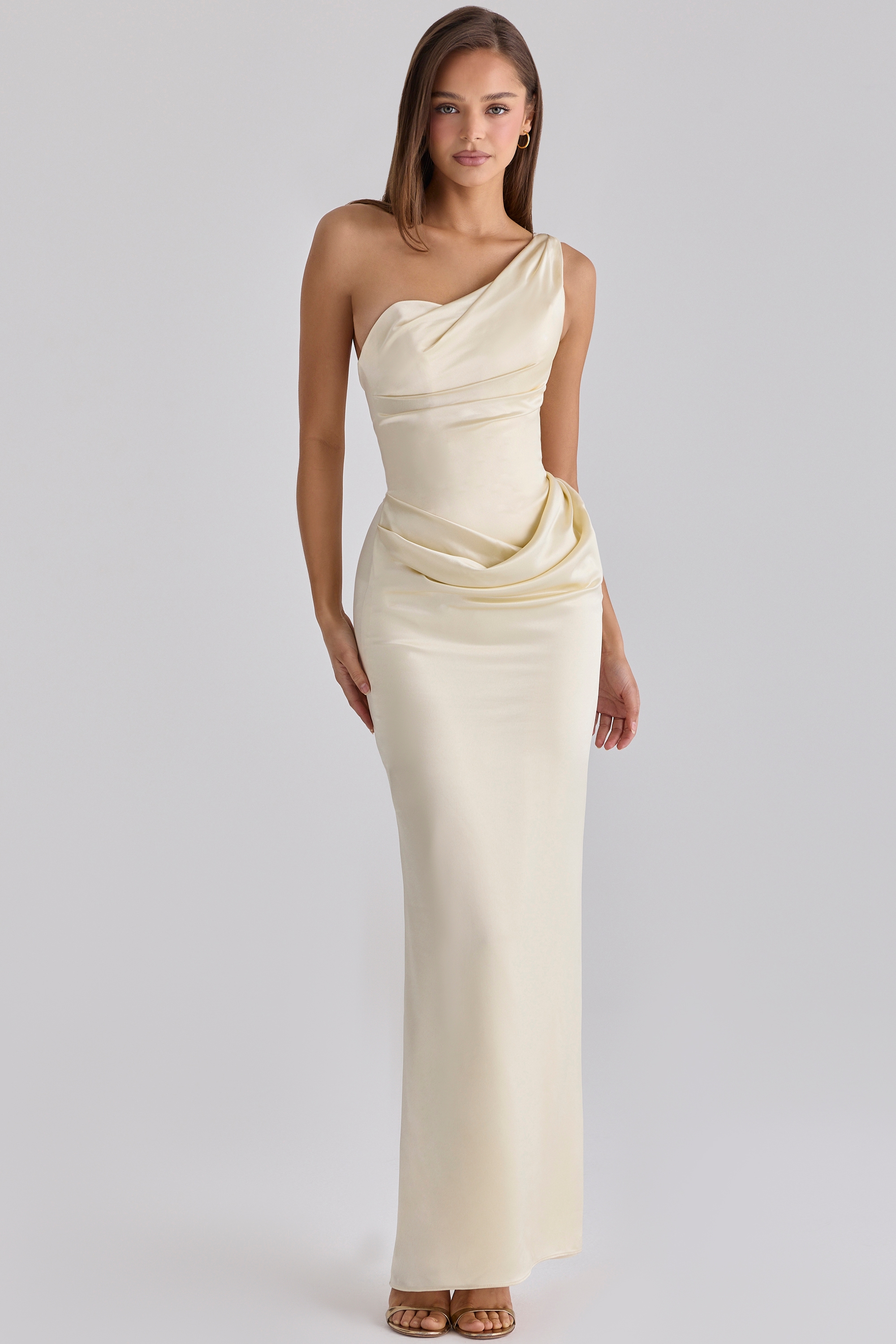 Lemon One Shoulder Satin Maxi Dress
