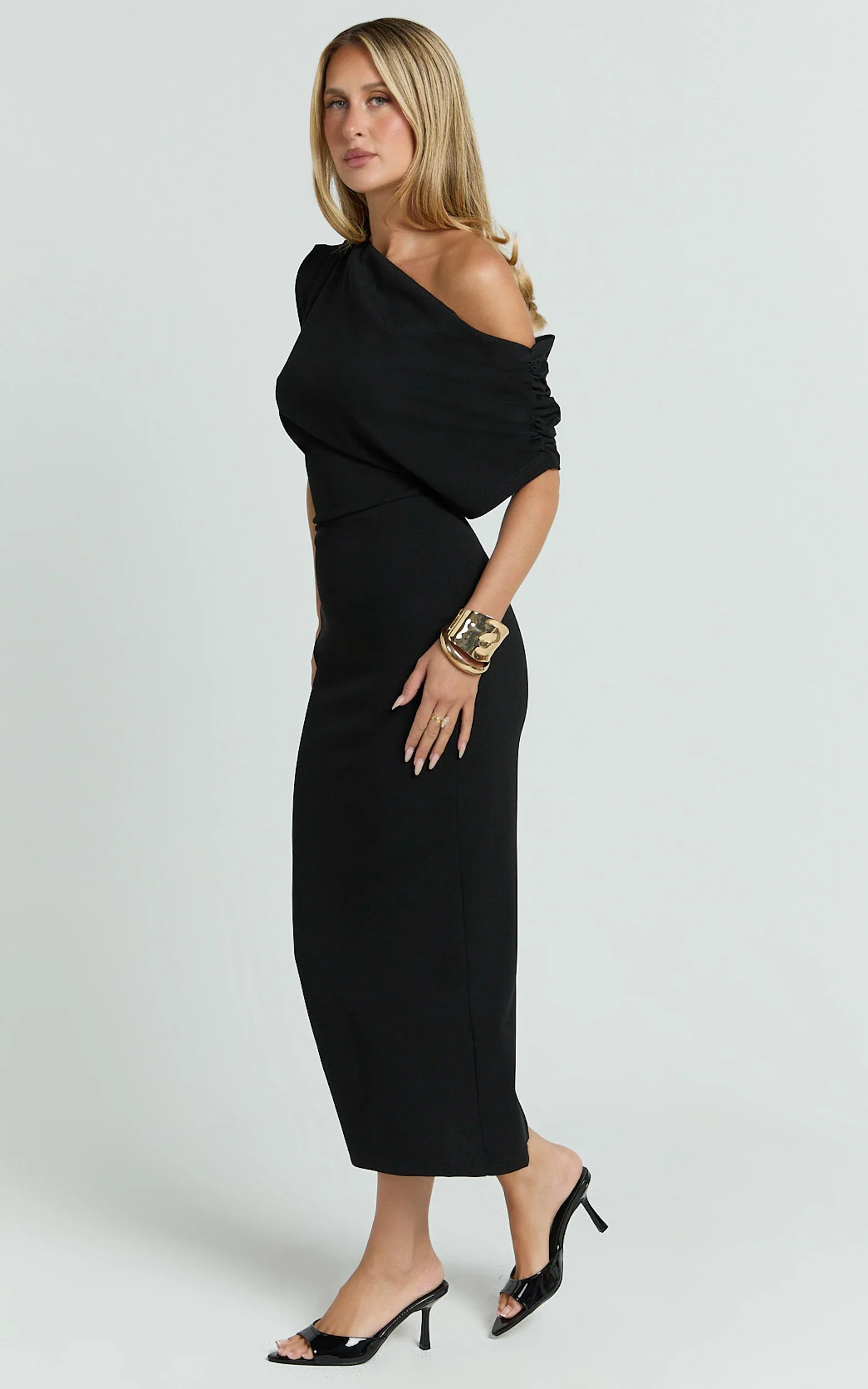 Nalfie Midi Dress - Tipped Shoulder Jersey Drape Dress in Black