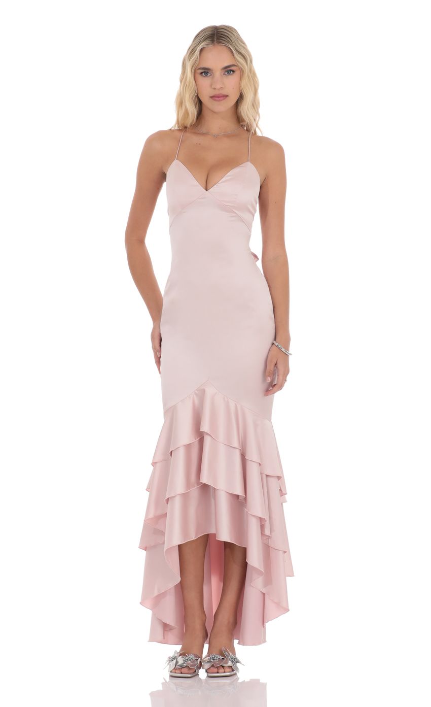 Satin Ruffle Fishtail Maxi Dress in Pink