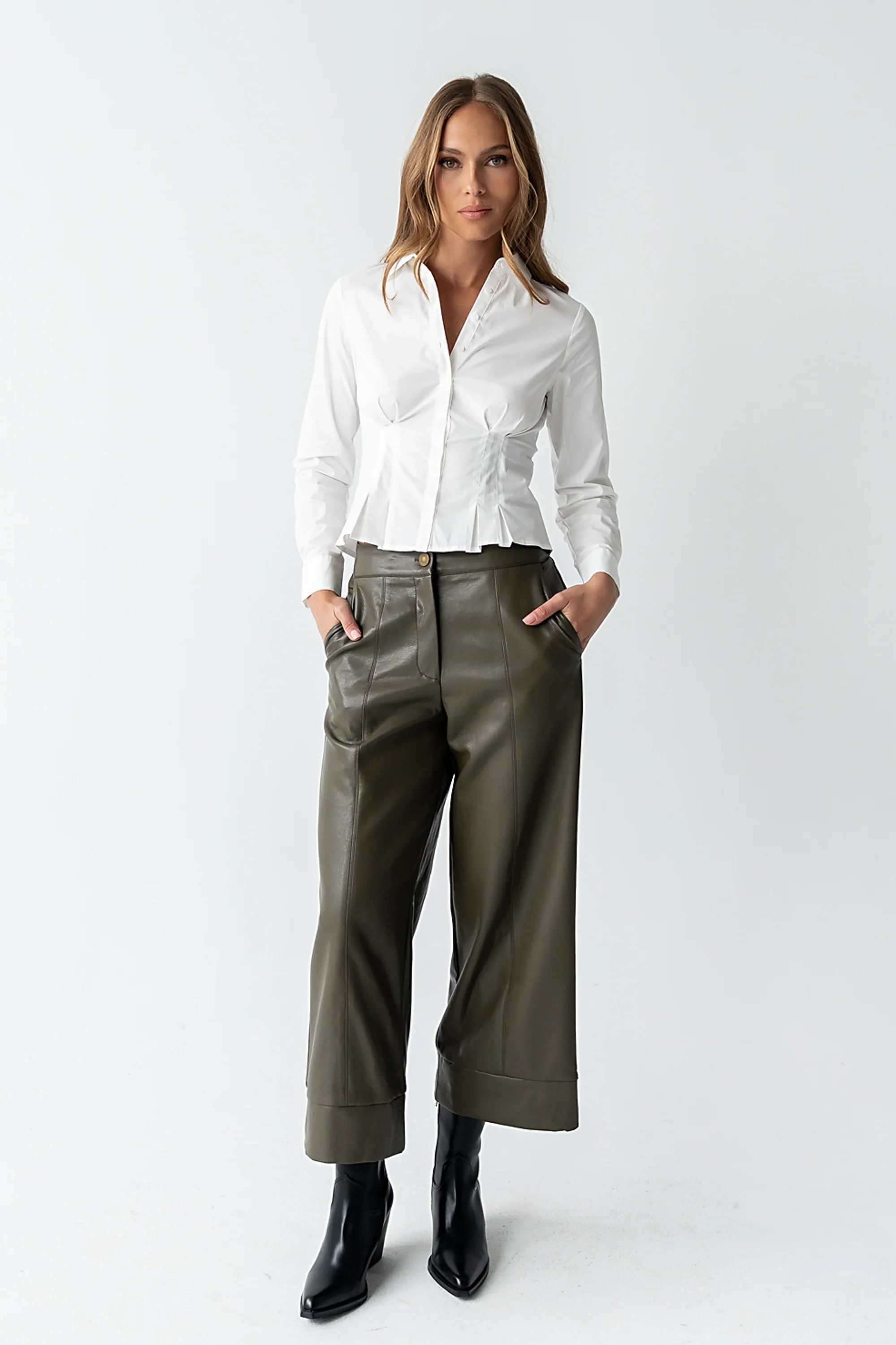 Brecken Pleated Button Up in White