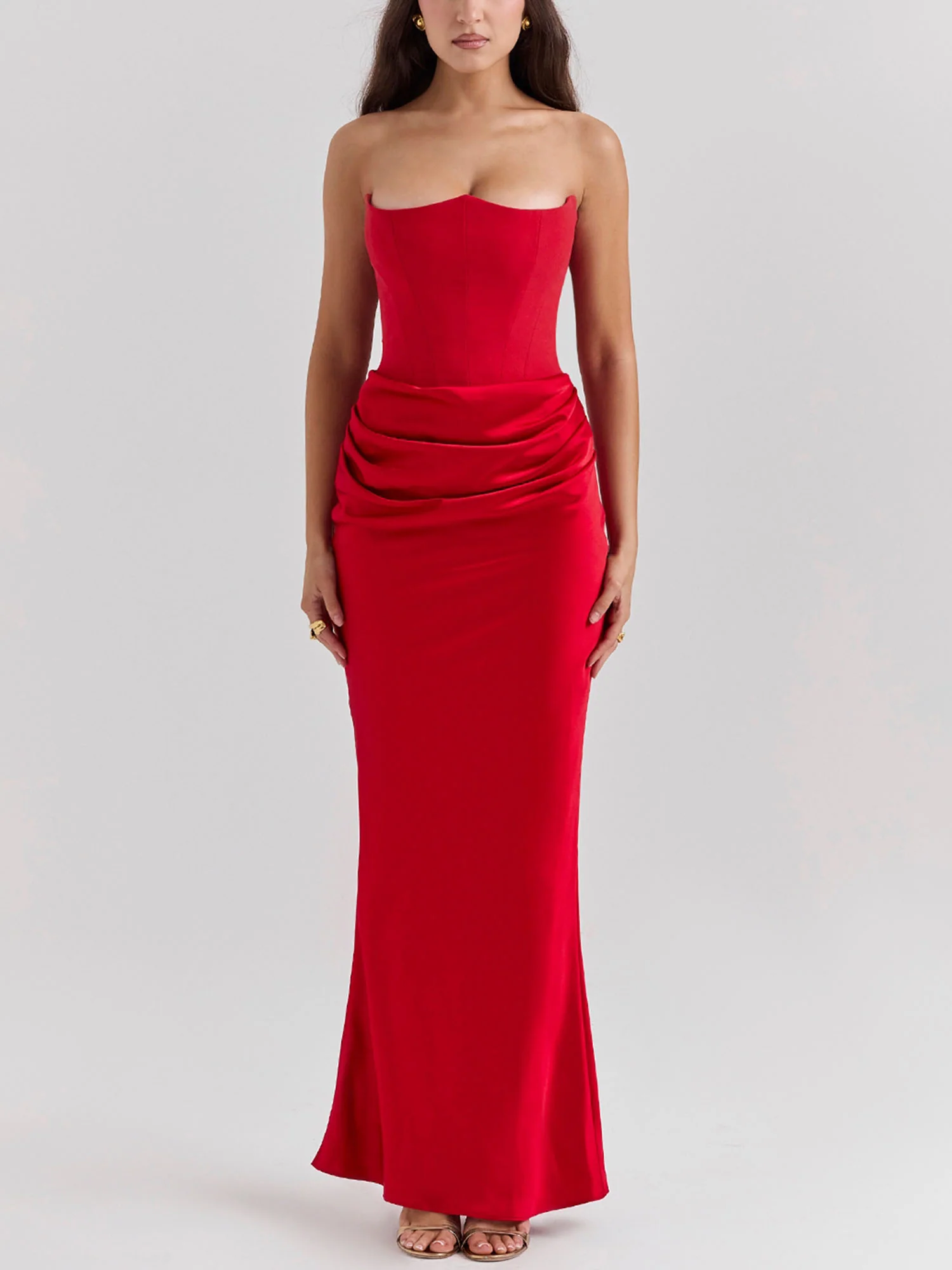 Red Strapless Draped Bodycon Maxi Dress