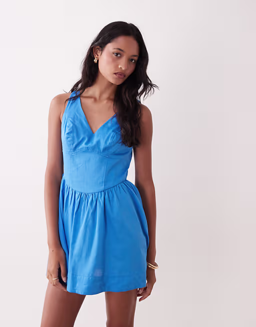 waisted v neck mini sundress with seaming details in cobalt blue