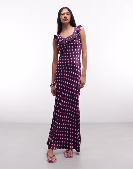 Reclaimed Vintage satin maxi day dress with frill neck in raspberry polka dots