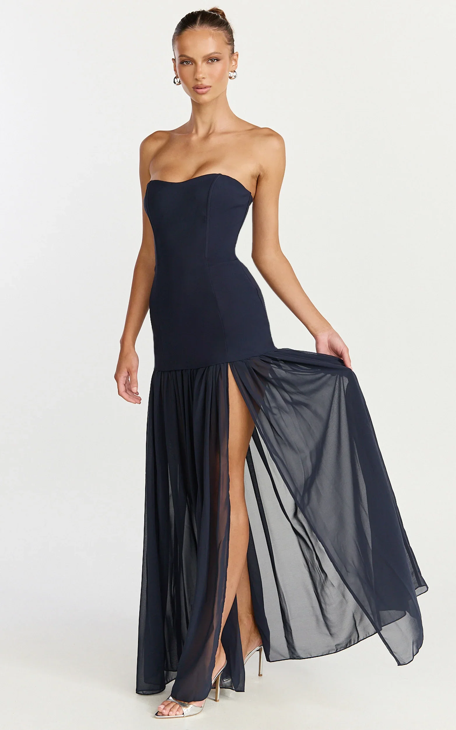 Jocelyn Maxi Dress - Strapless Ruched Fit And Flare Dress in Navy