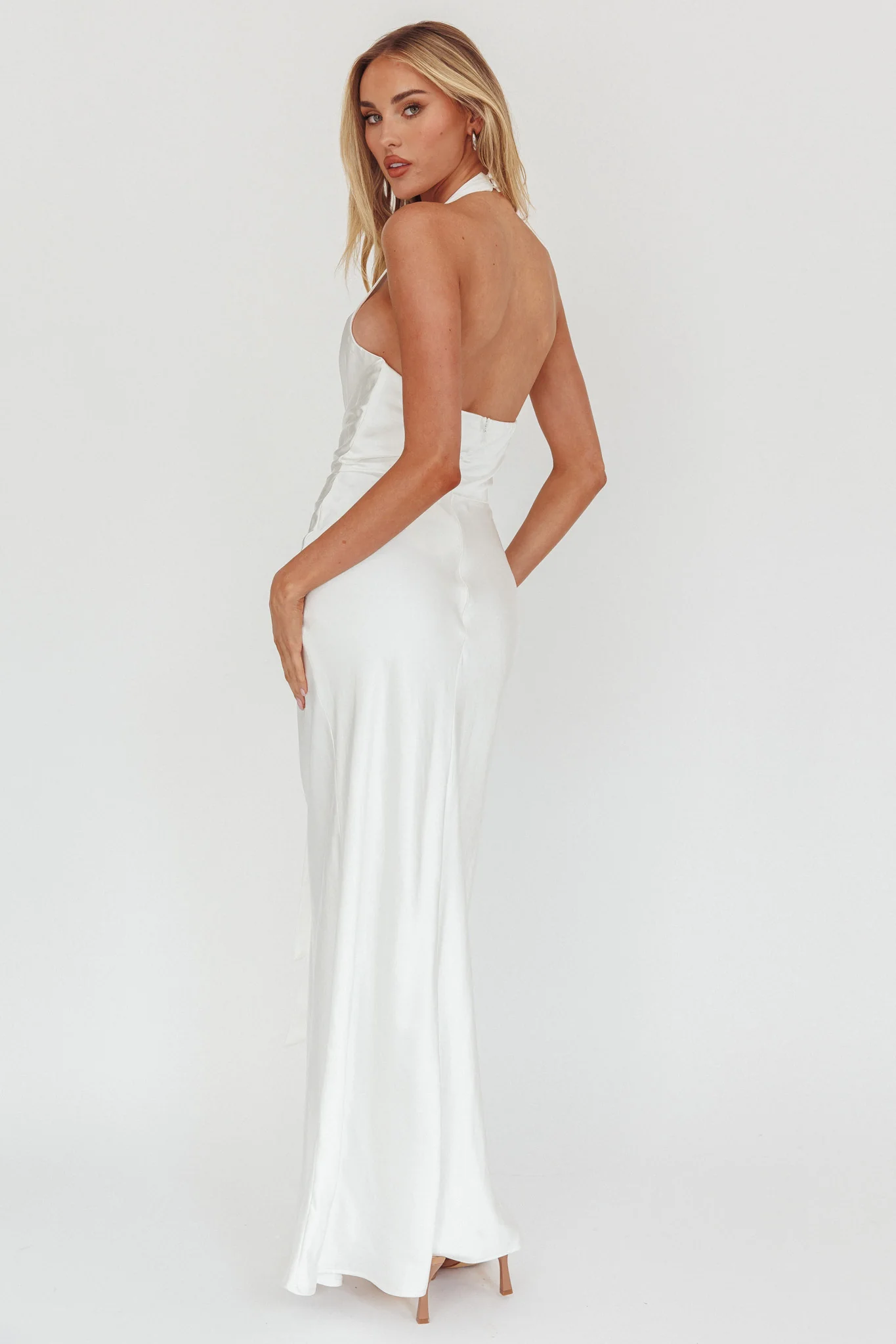 Make Believe Plunging Halterneck Maxi Dress Oyster - luluinthesky