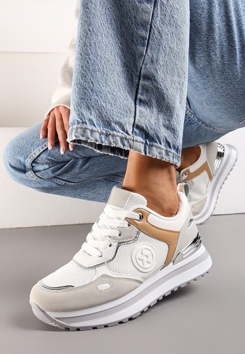 Beżowe Sneakersy na Niskiej Platformie z Metalicznym Paskiem za Kostkę Dapphira