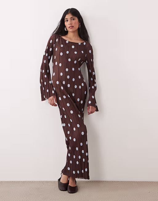 plisse long sleeve midi dress in polka dot print