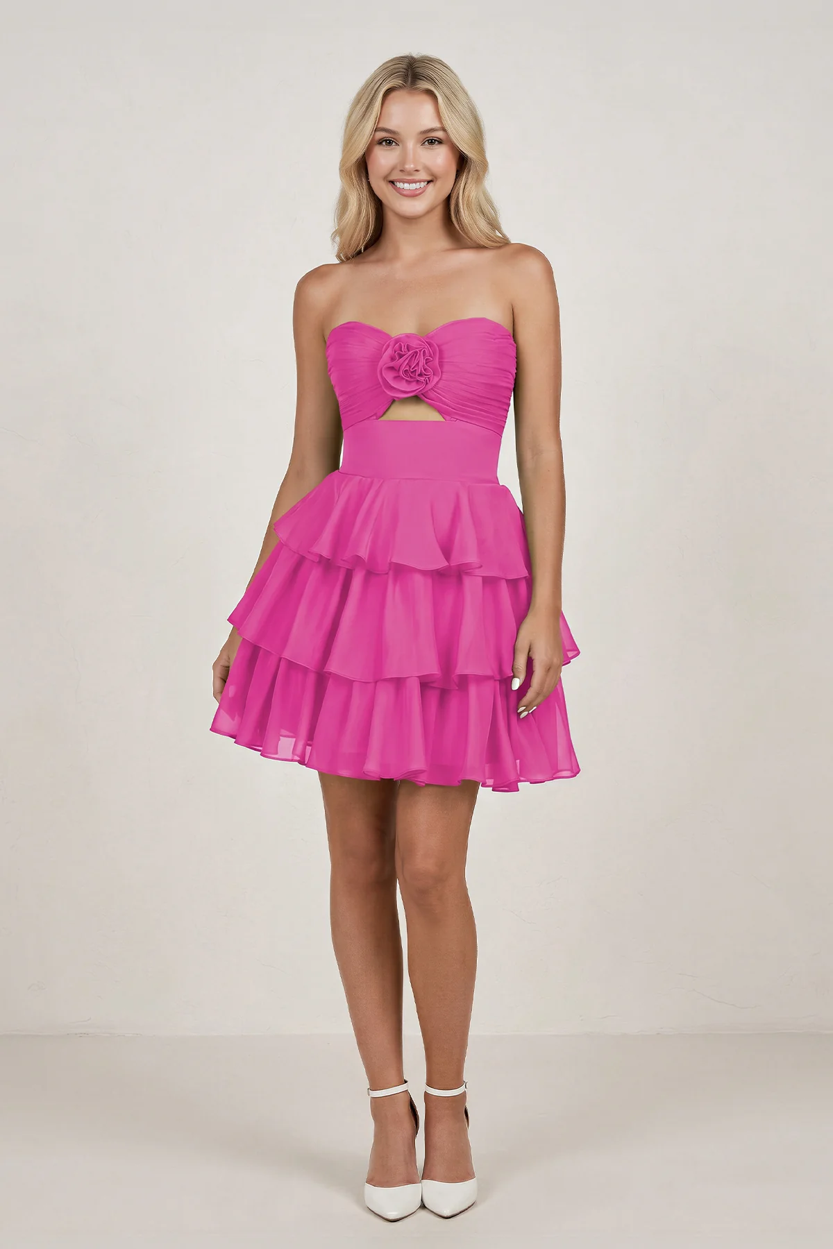 Fuchsia Strapless A Line Chiffon Ruffles Homecoming Dresses With Flower