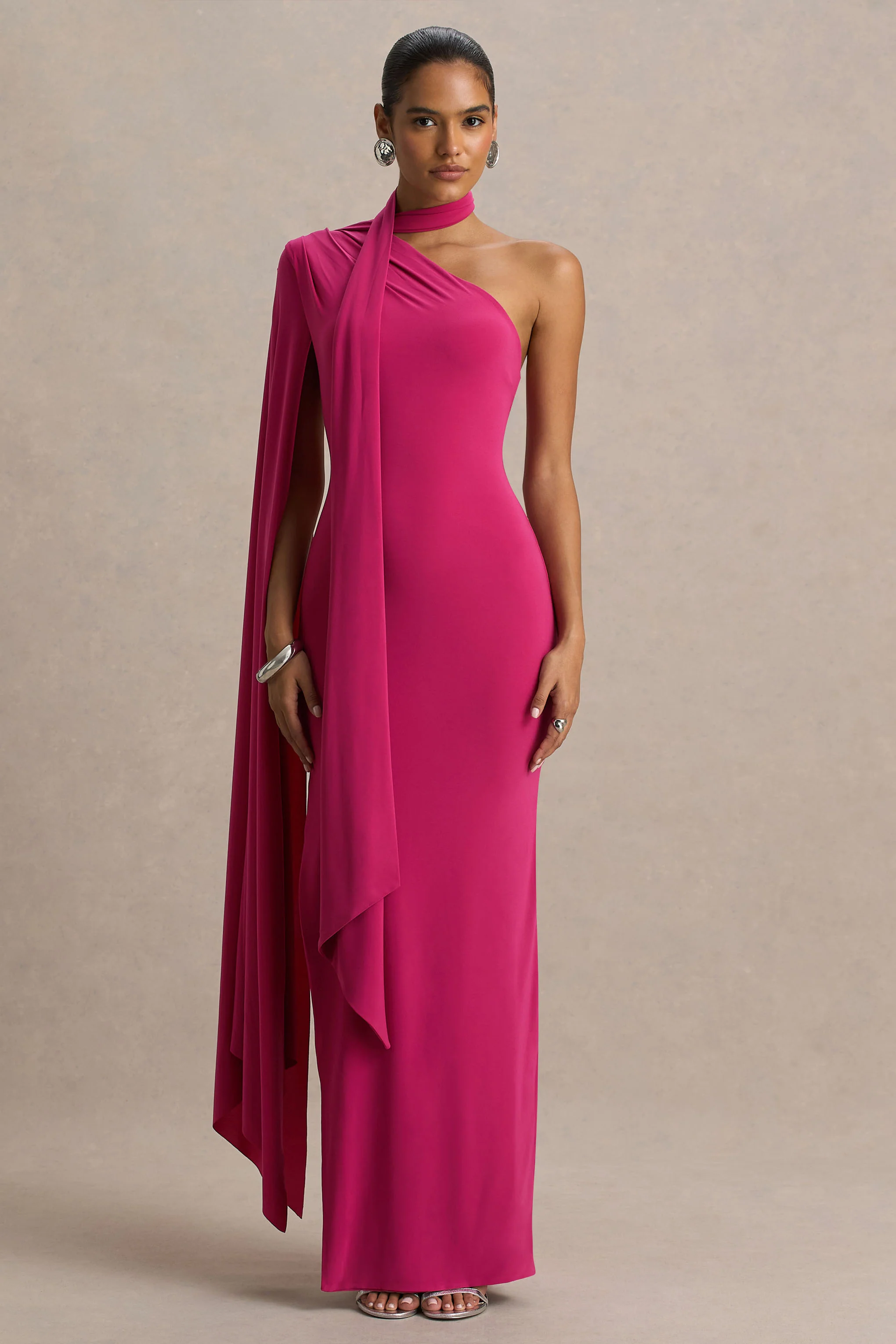 Amal | Hot Pink Asymmetric-Neck Maxi Dress With Scarf and Cape Detail