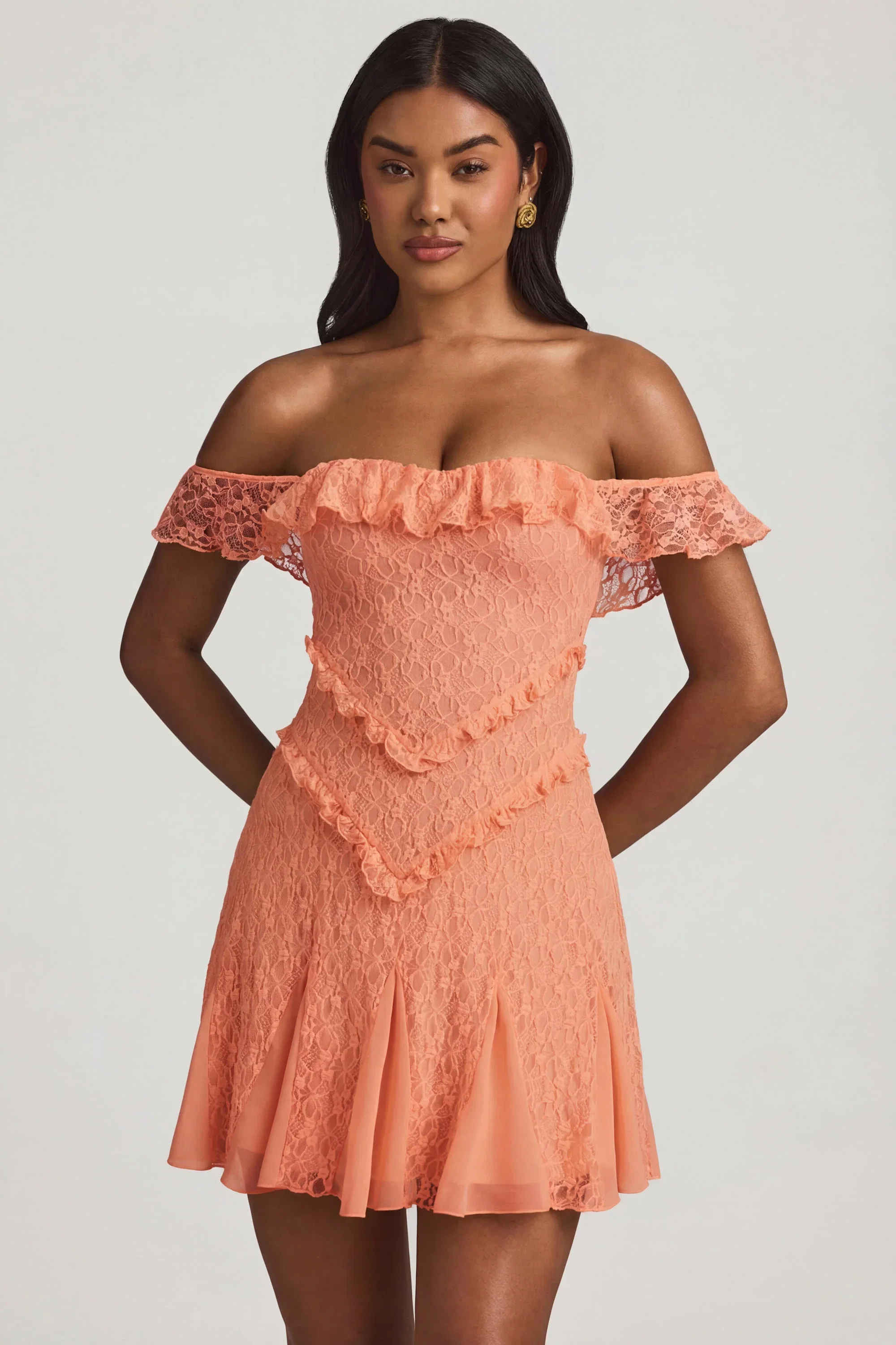 Off-Shoulder Lace A-Line Mini Dress in Peach - FASHION NOB