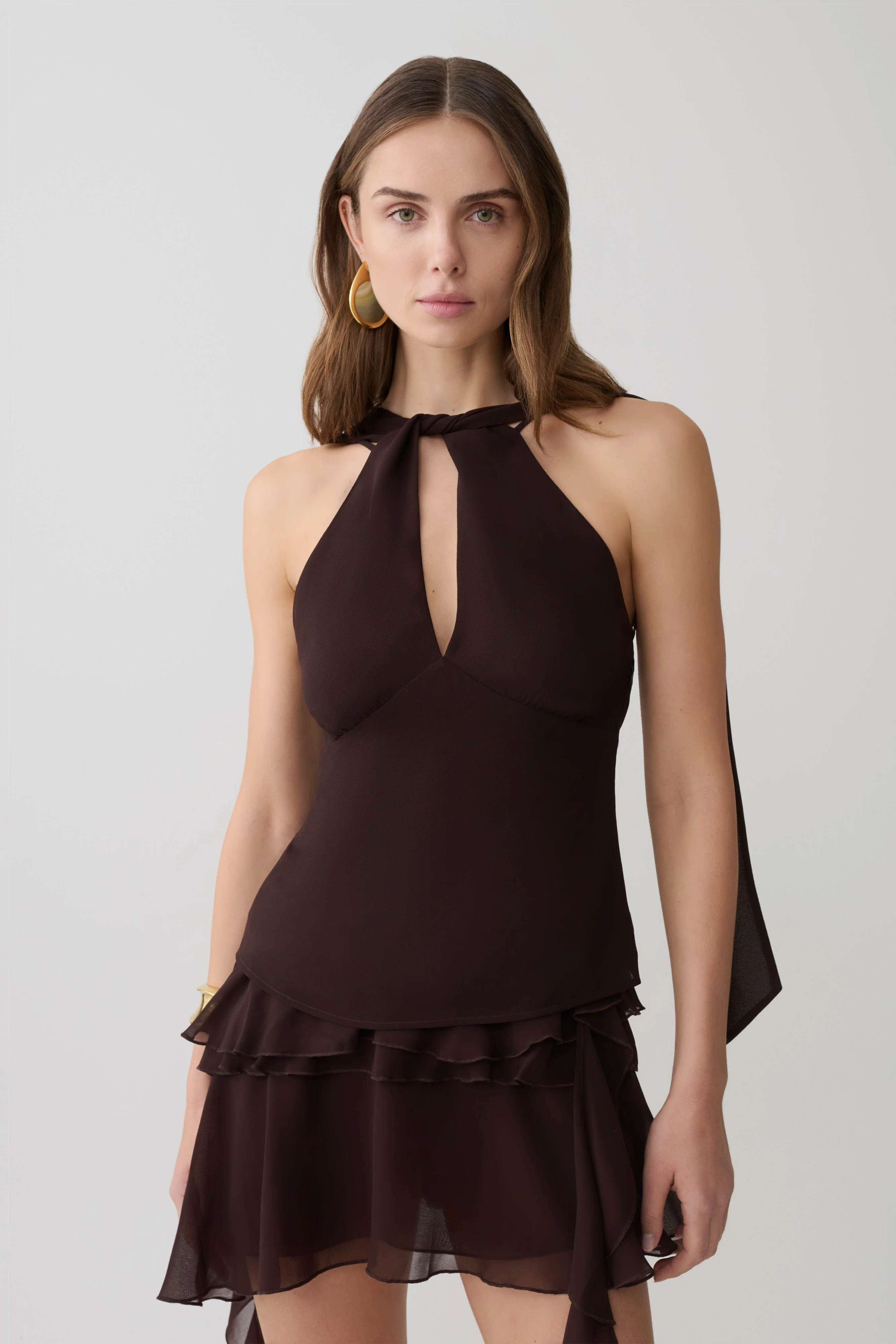 Nora Halter Chiffon Top - Cacao Brown