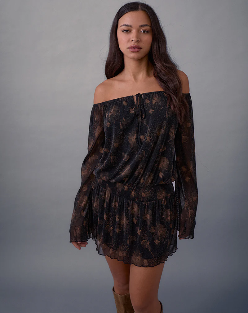 Nisha Long Sleeve Mini Dress in Black with Bronze Shimmer