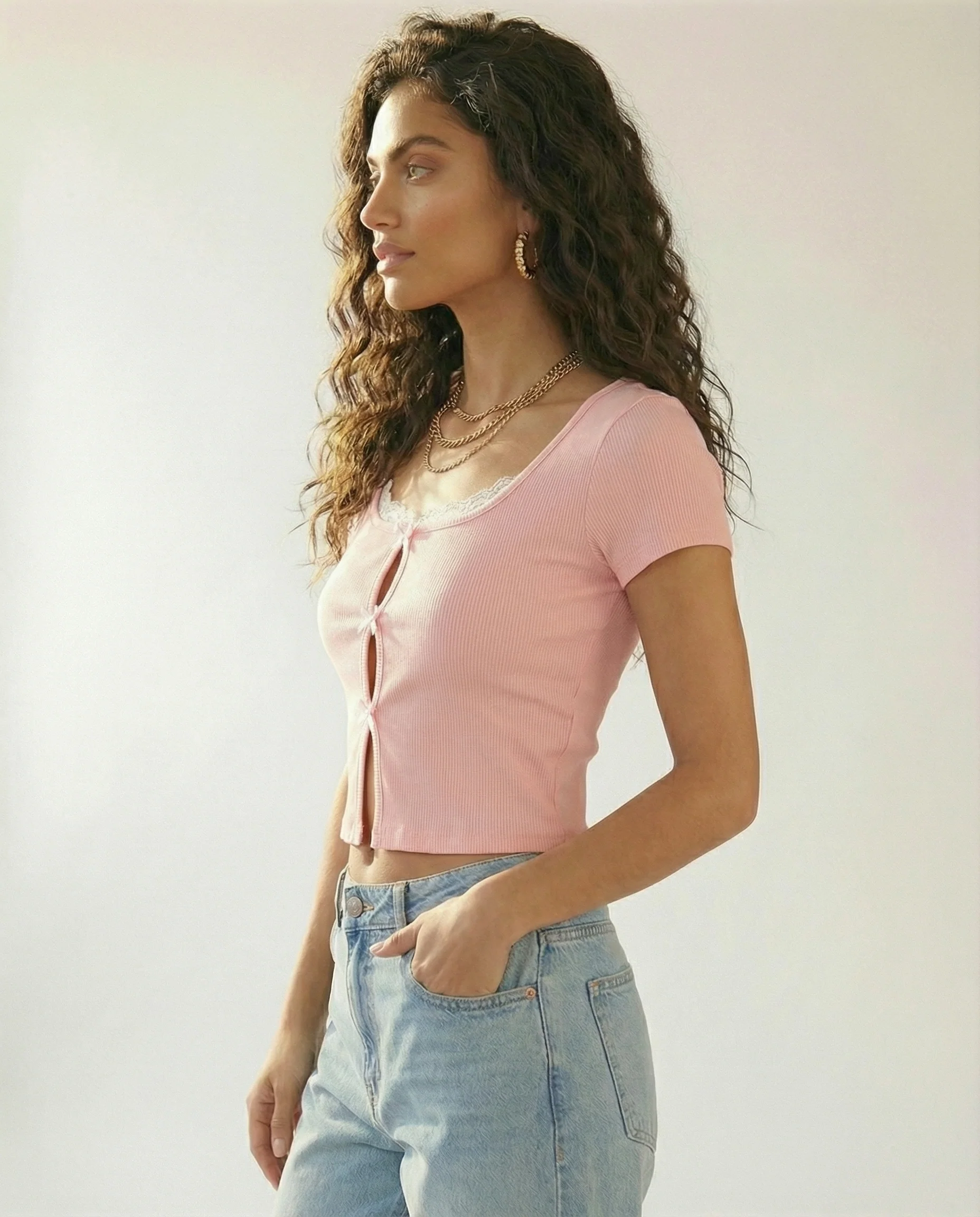 Ribbed Lace-Trim Bow Top