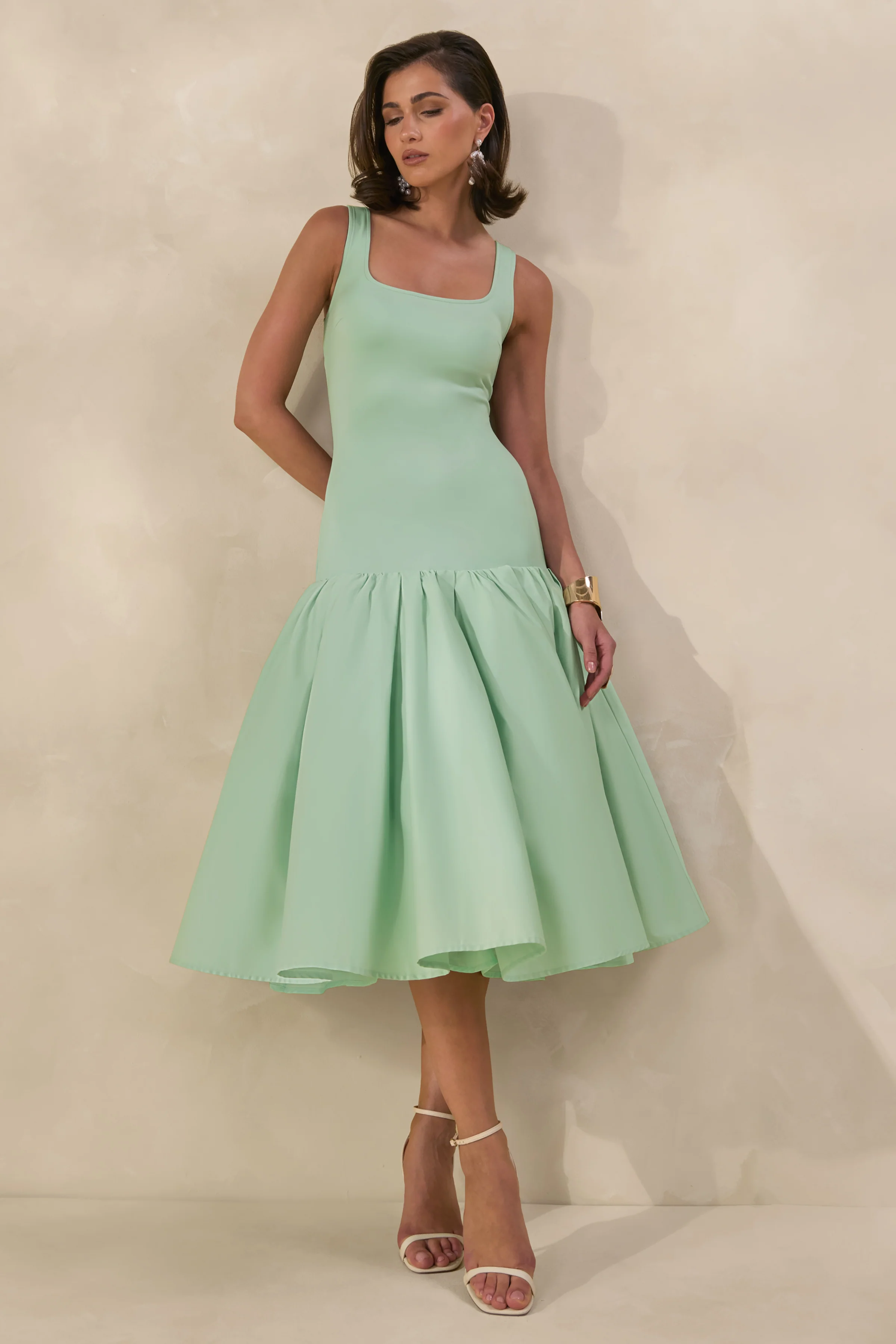 Nanette | Mint Square-Neck Midi Dress With Voluminous Skirt