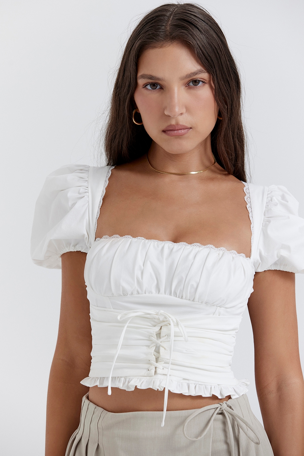 white gathered top