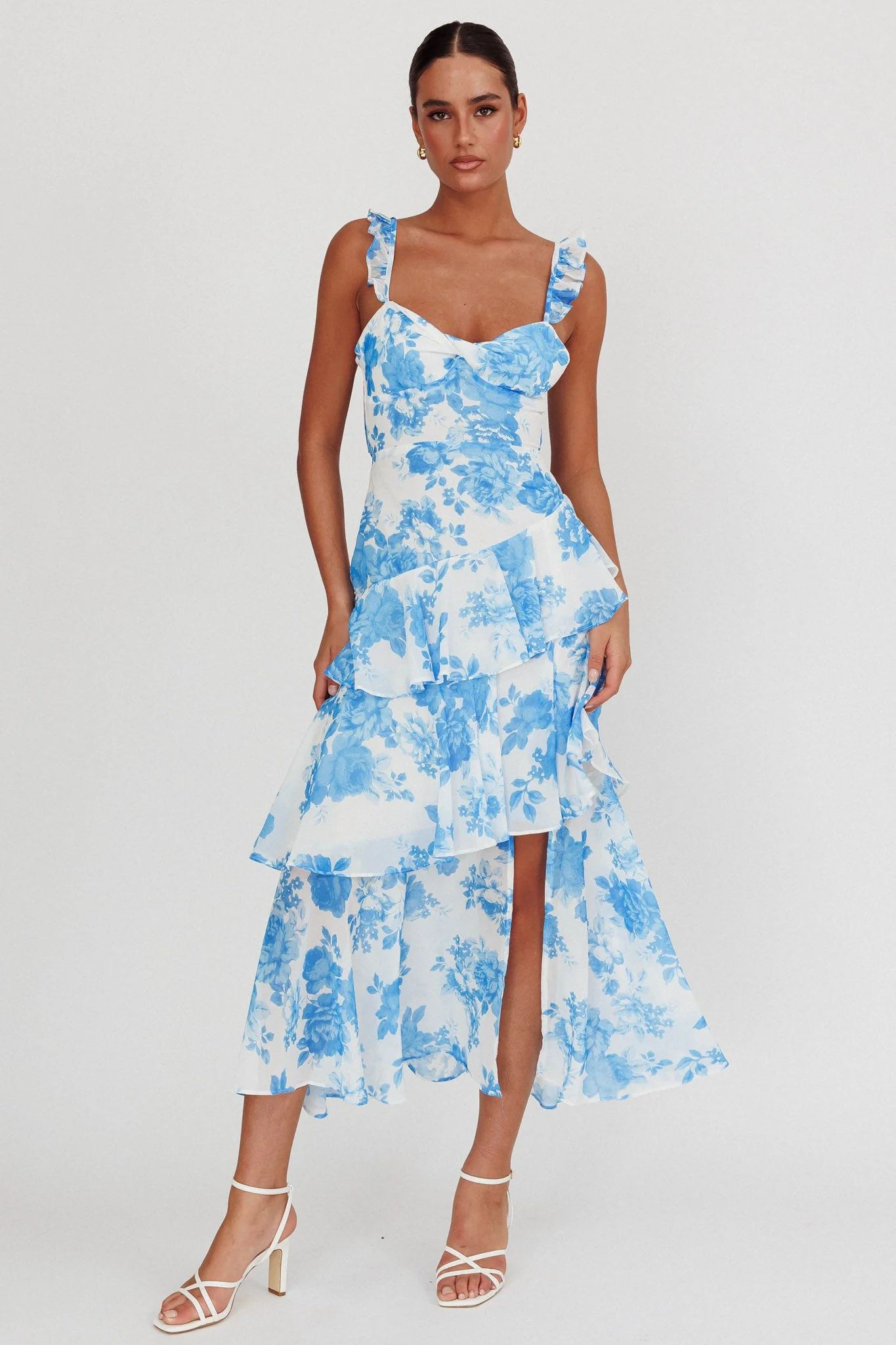 Veda Ruffle Strap Split Maxi Dress Floral White/Blue