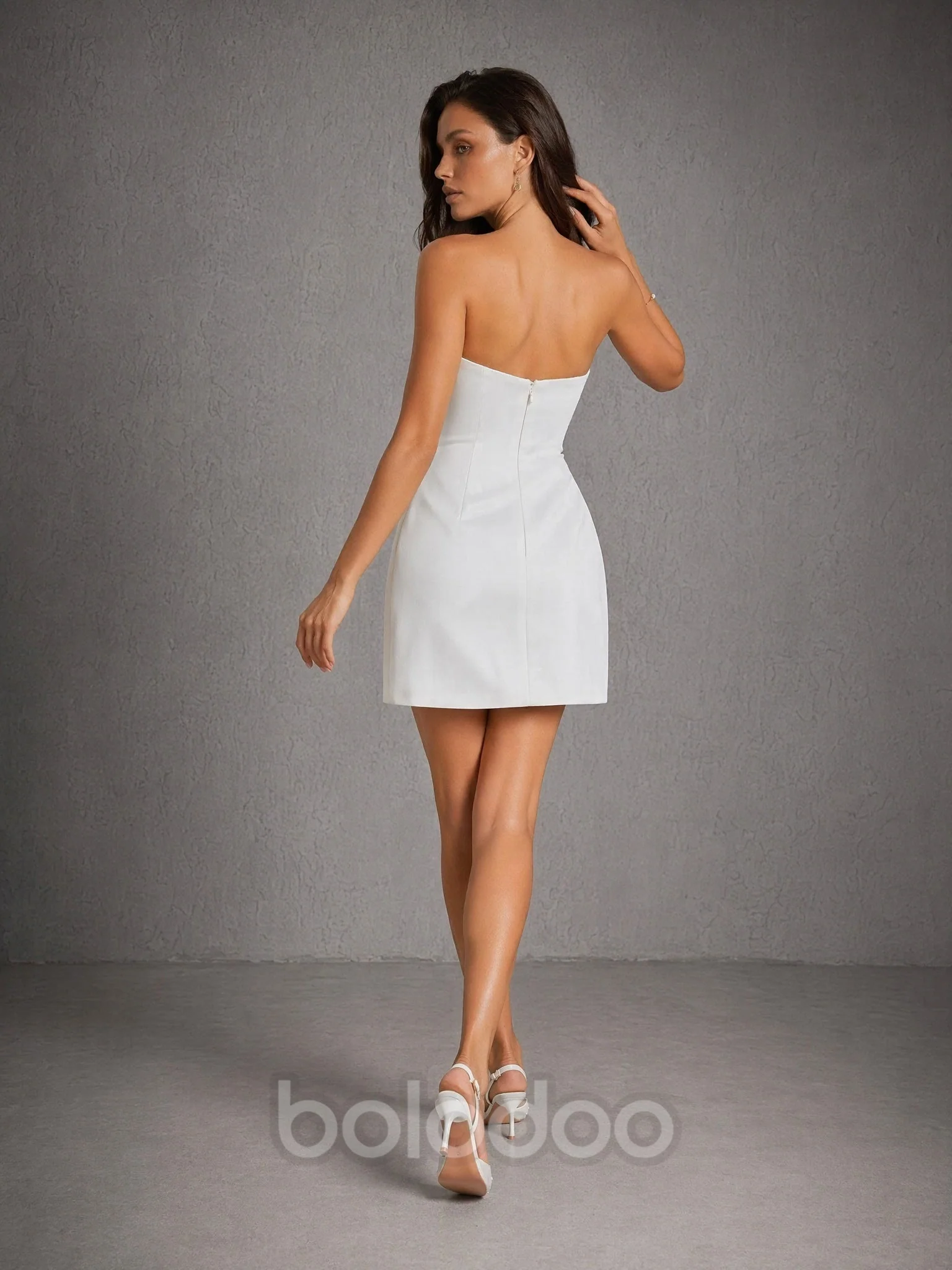 BOLODOO Pearl White Satin Strapless 3D Floral Pearl Beaded Applique Bodycon Mini Dress