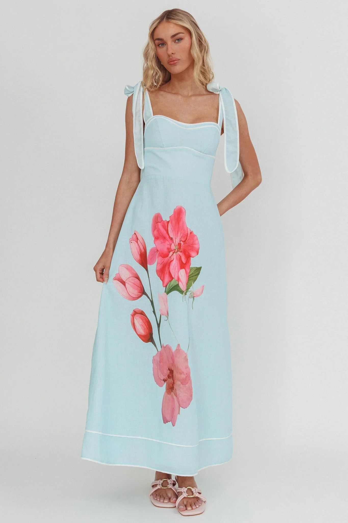 Averin Tied Shoulder Maxi Dress Flower Mint