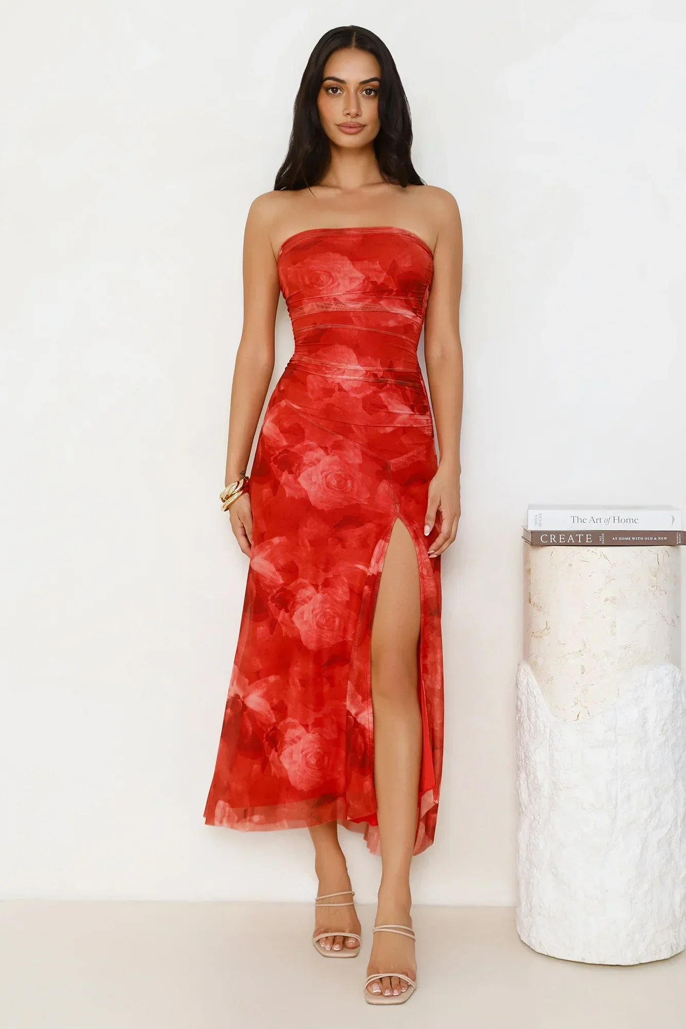 Dollhouse Daze Strapless Mesh Maxi Dress Red