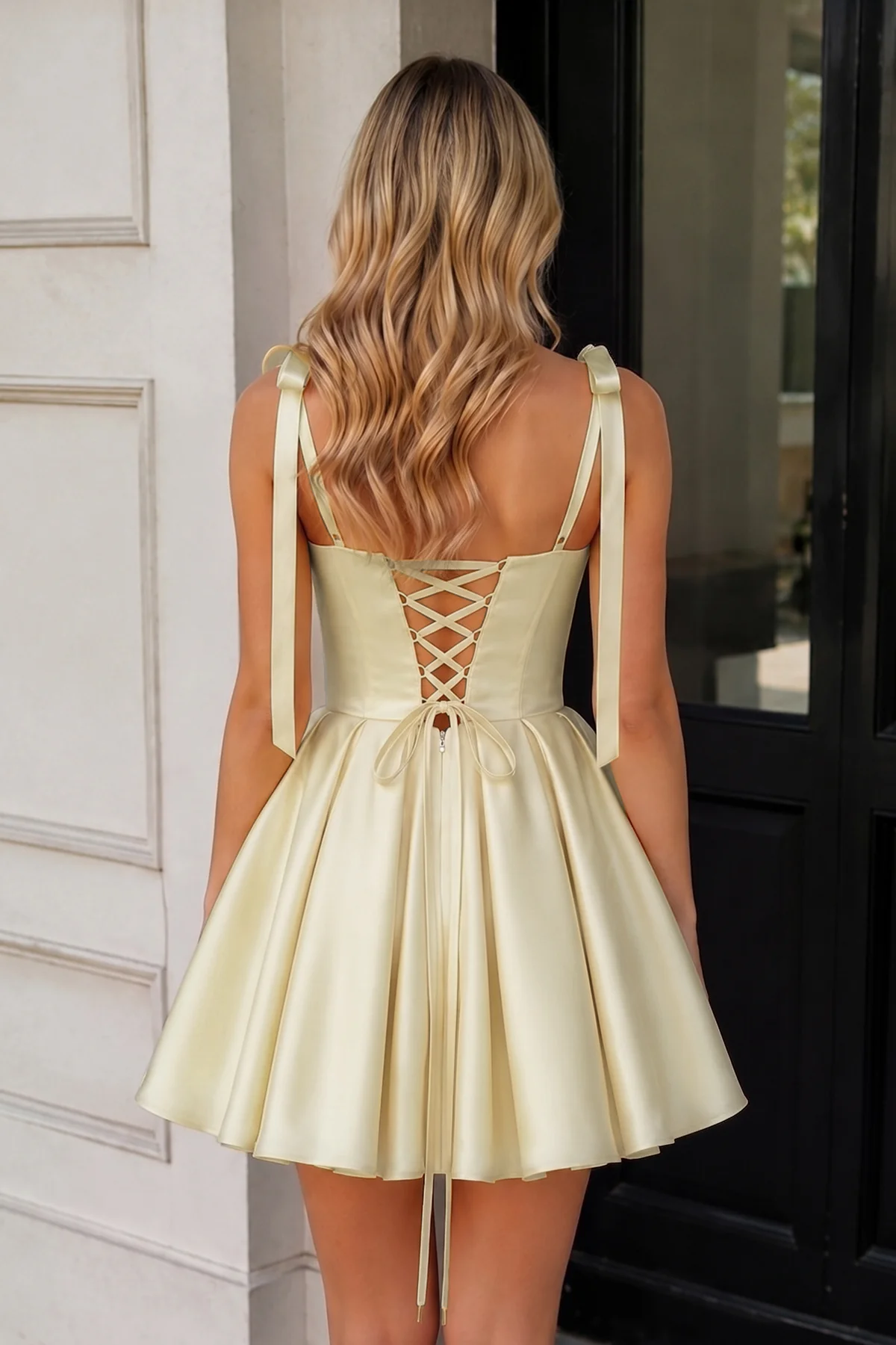 Navy Blue Spaghetti Straps Satin Pleated A-Line Homecoming Dress with Bow