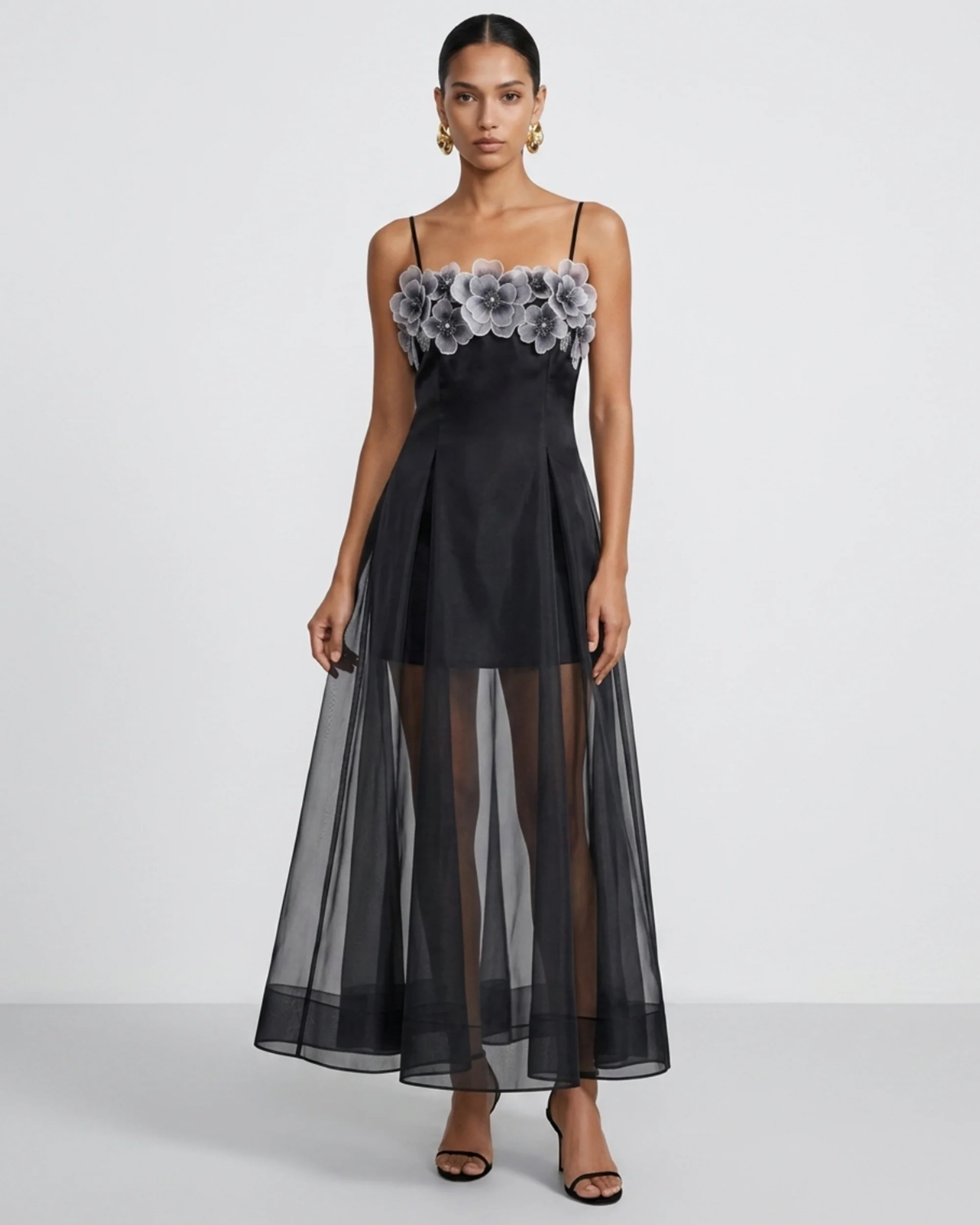 Floral Embroidered Sheer Layered Maxi Dress - Black