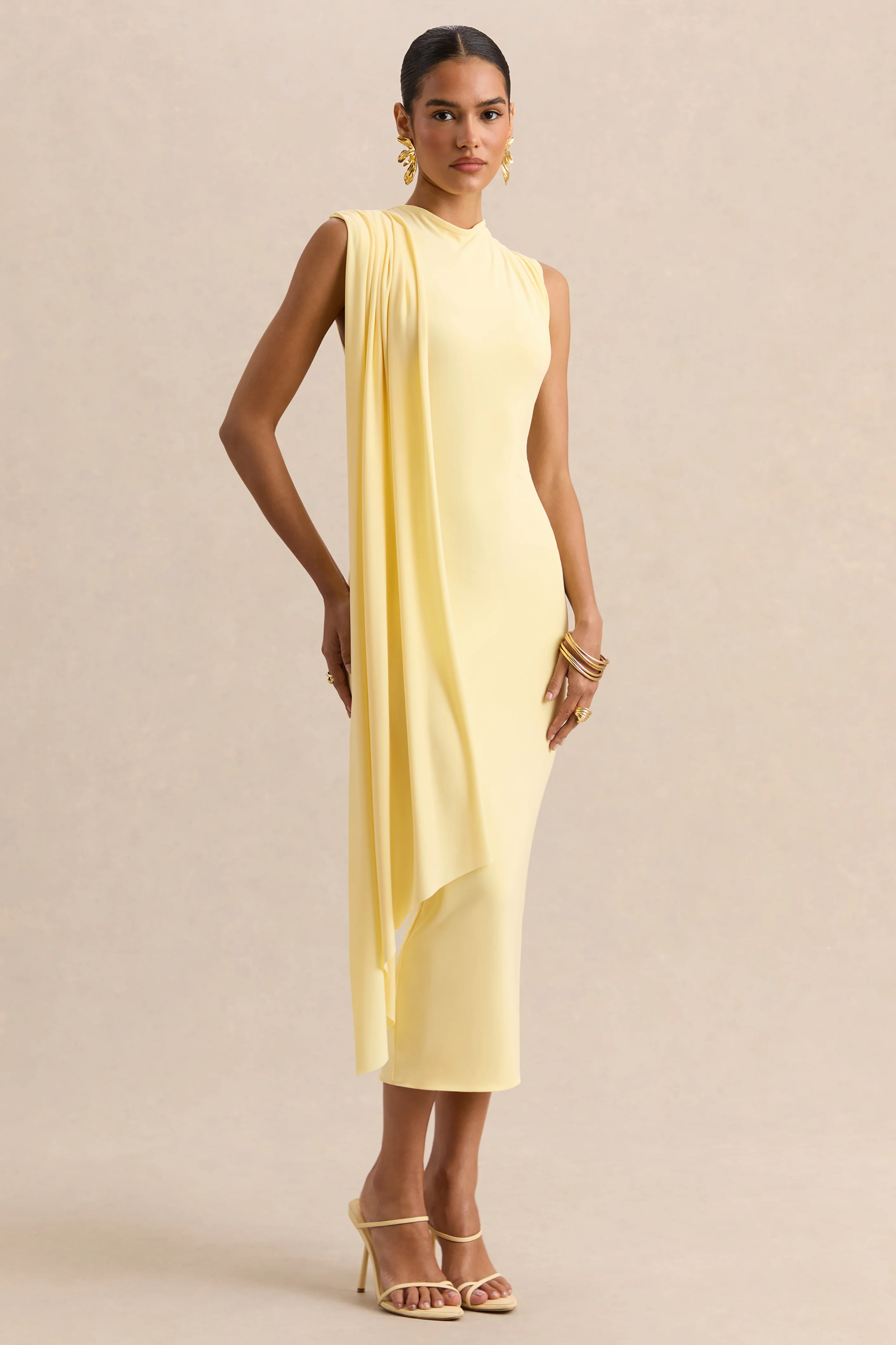 Oleandra | Lemon High-Neck Midi-Dress With Draped-Detail