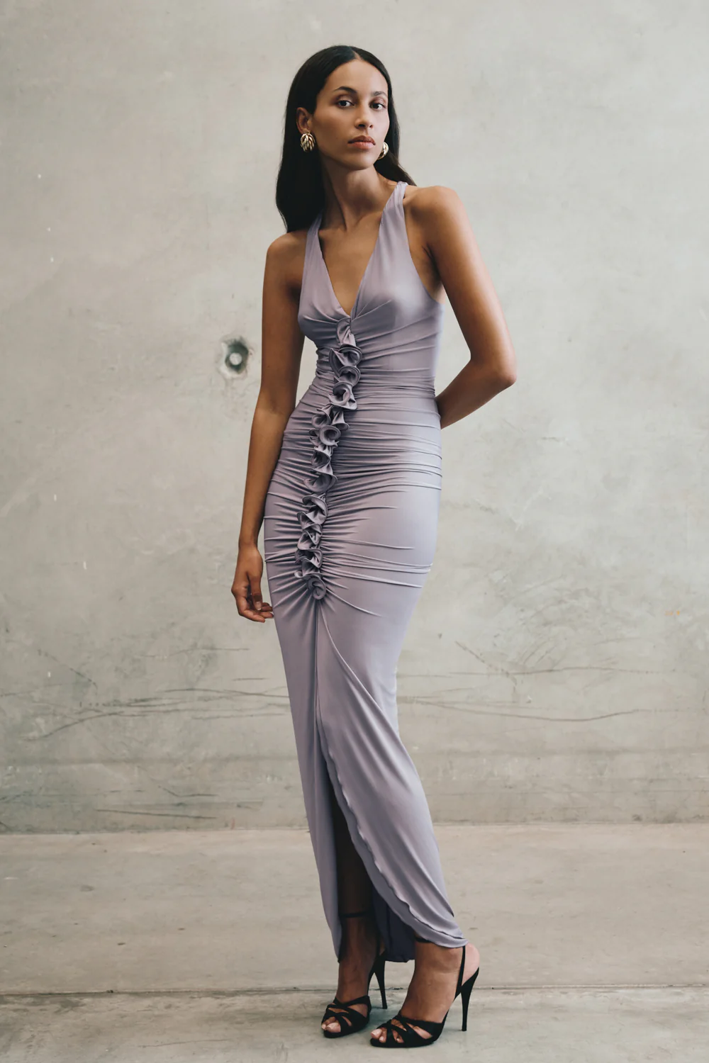 Alessandra Slinky Ruffle Maxi Dress - Grey