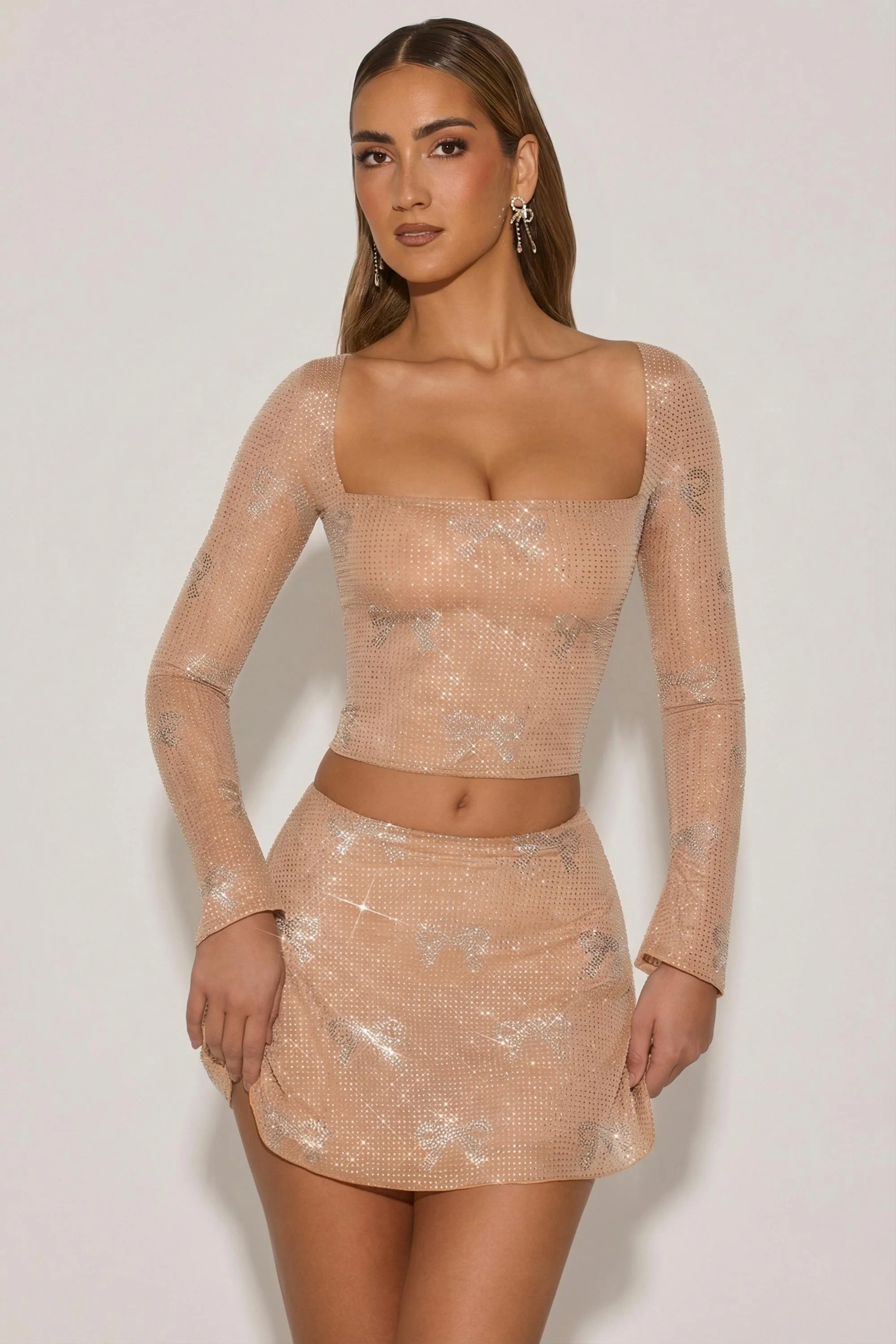 Embellished Bow-Detail Top in Almond
