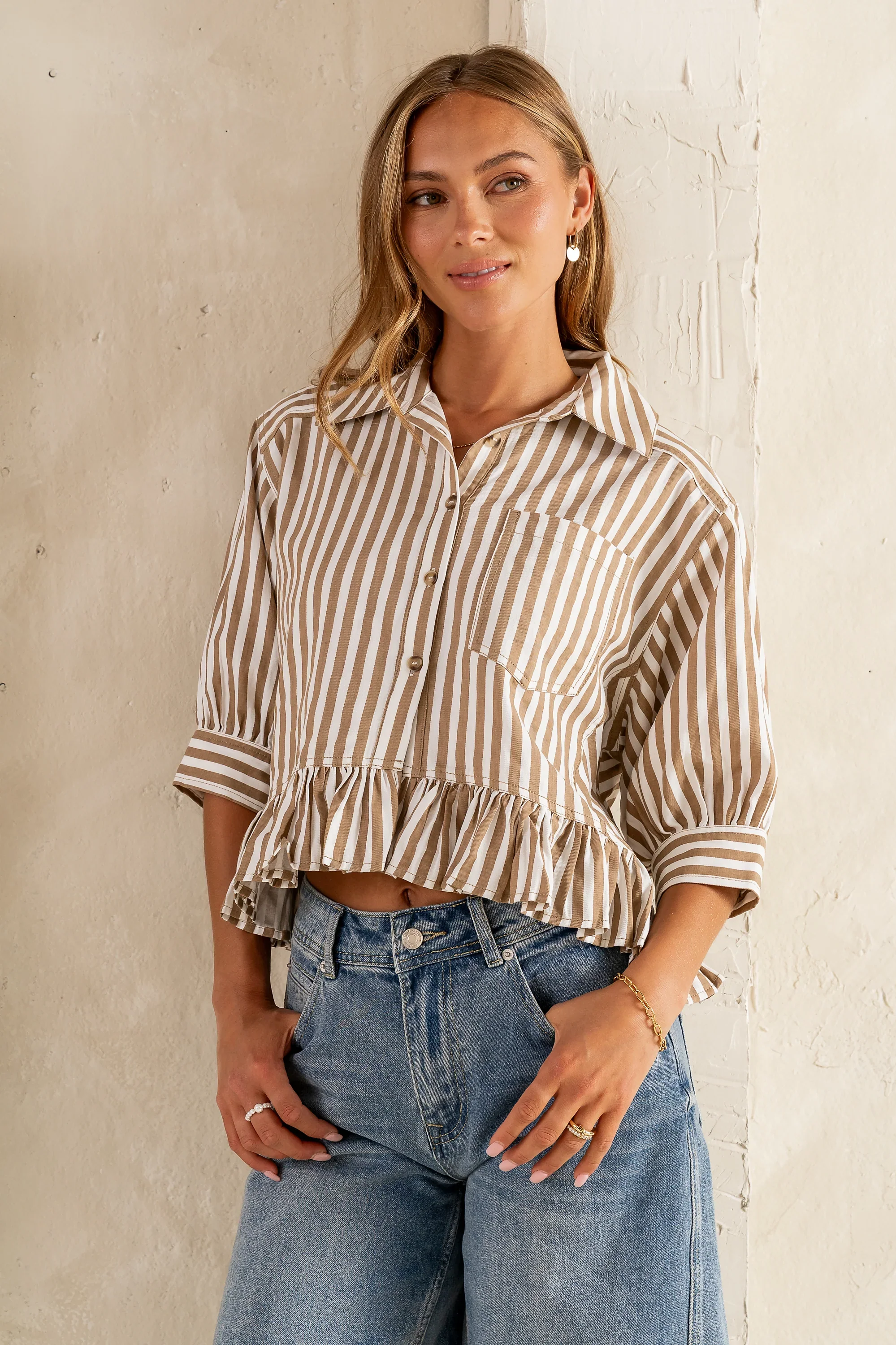 Avery Striped Blouse in Tan