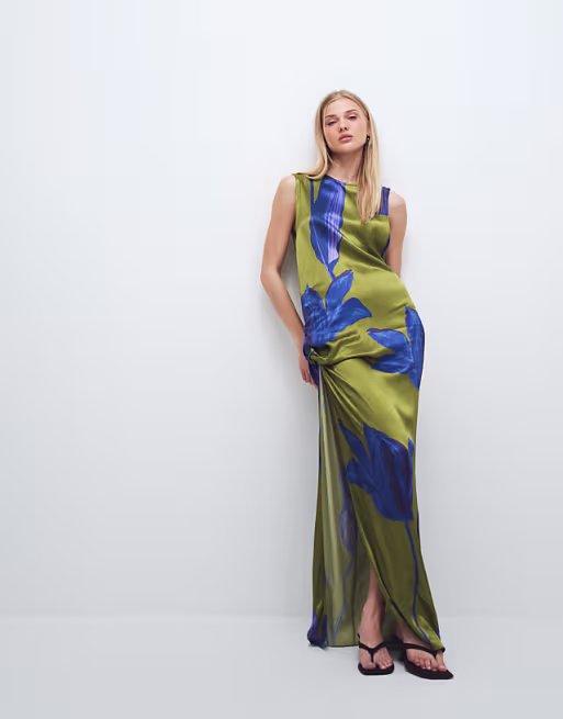 Topshop sleeveless knot side satin maxi dress in green and blue floral