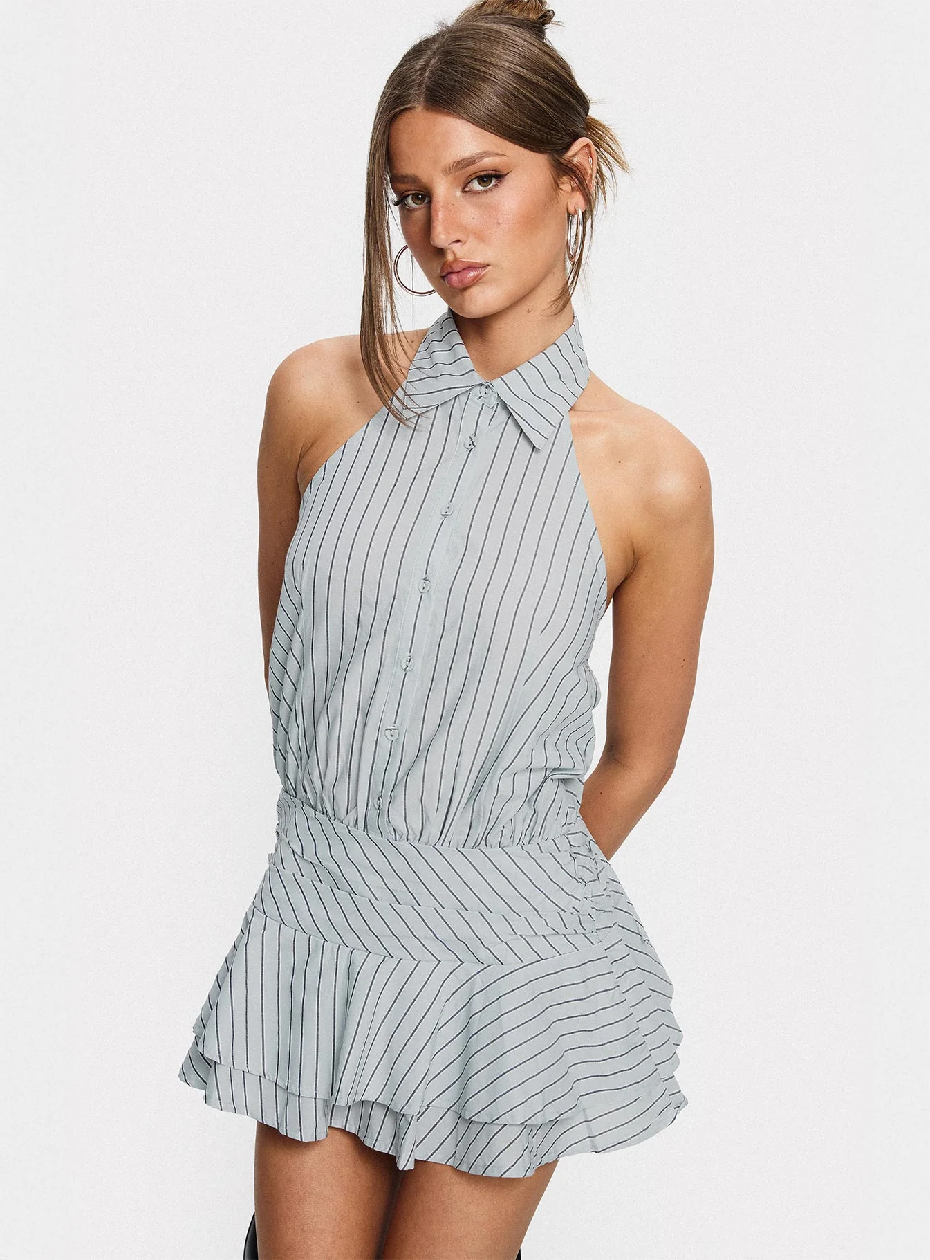 Soreia Halter Tiered Mini Dress Blue Stripe