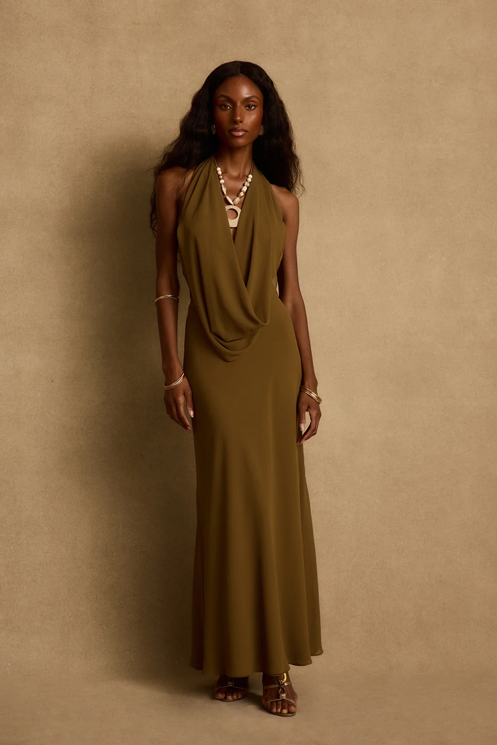 Zela Olive Cowl Maxi Dress