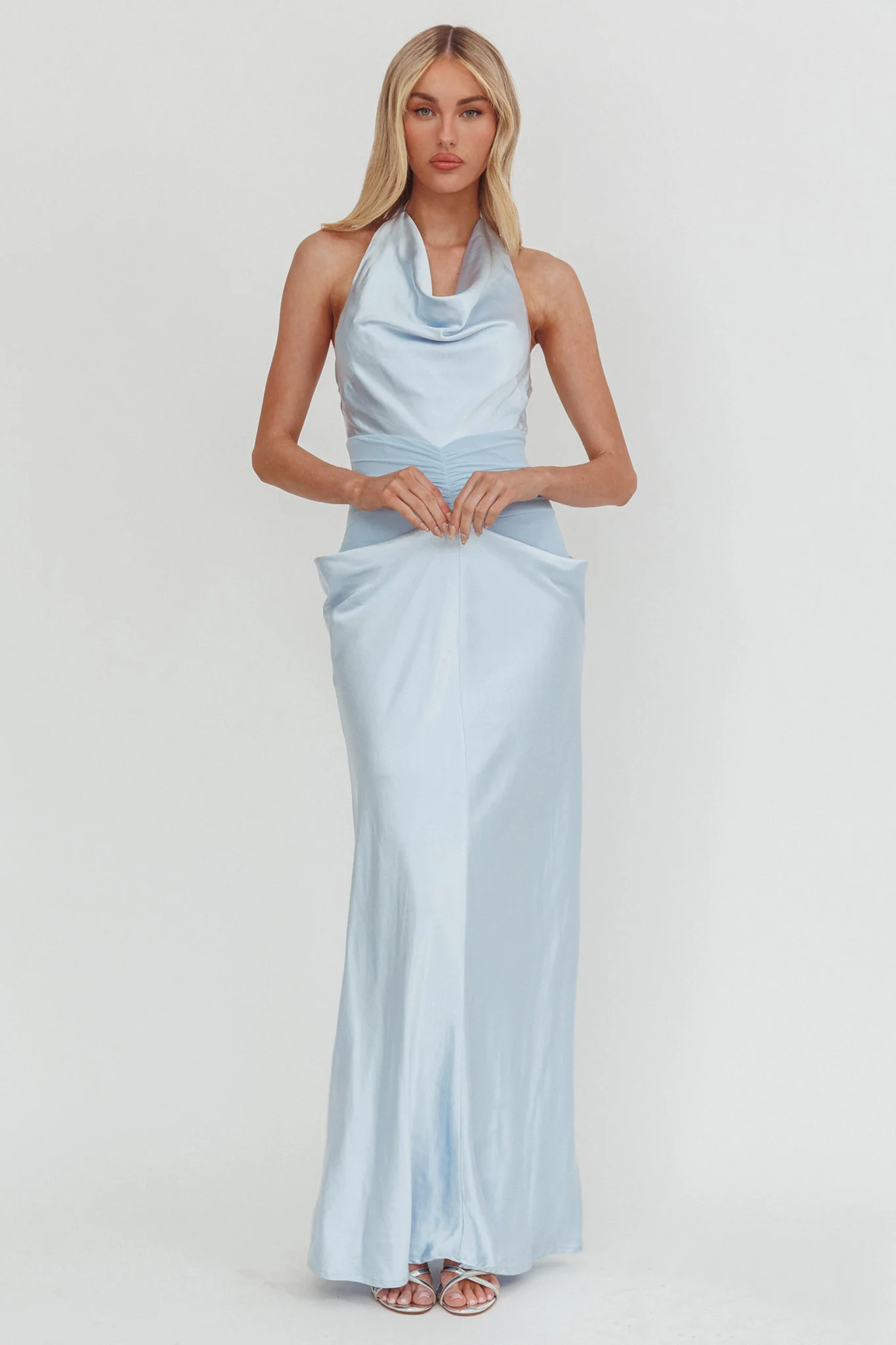 Zynthia Cowl Neck Ruched Waist Maxi Dress Ice Blue