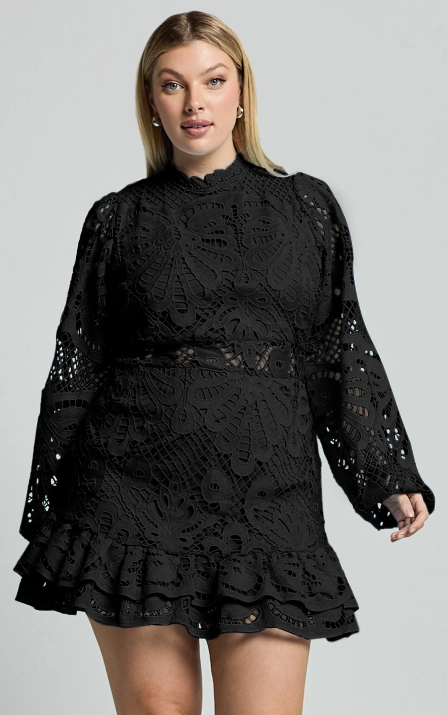 Kiss Me Now Mini Dress - Long Puff Sleeve Dress in Black Lace