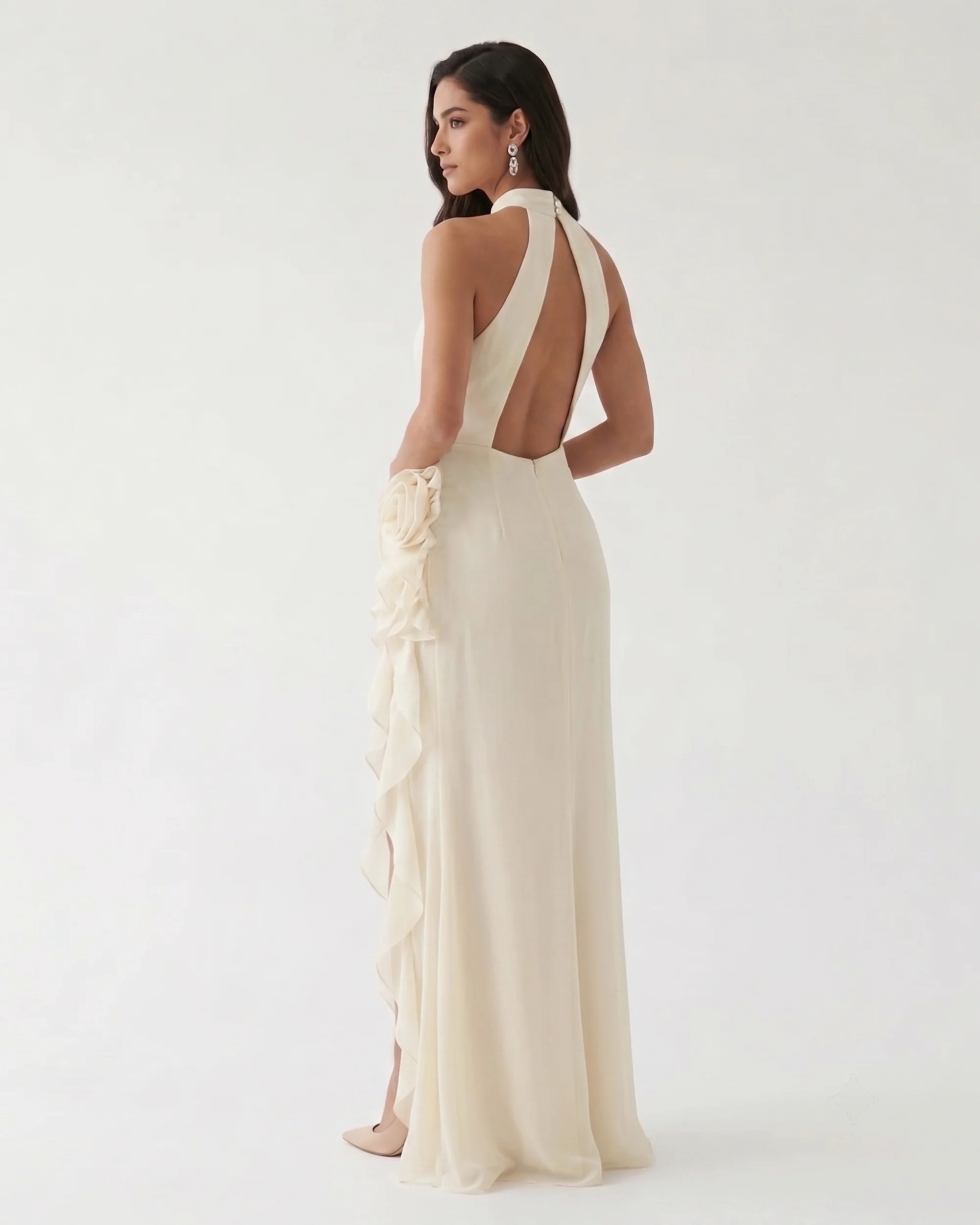 Halter Ruffle Rosette Slit Maxi Dress - Ivory - FASHION NOB