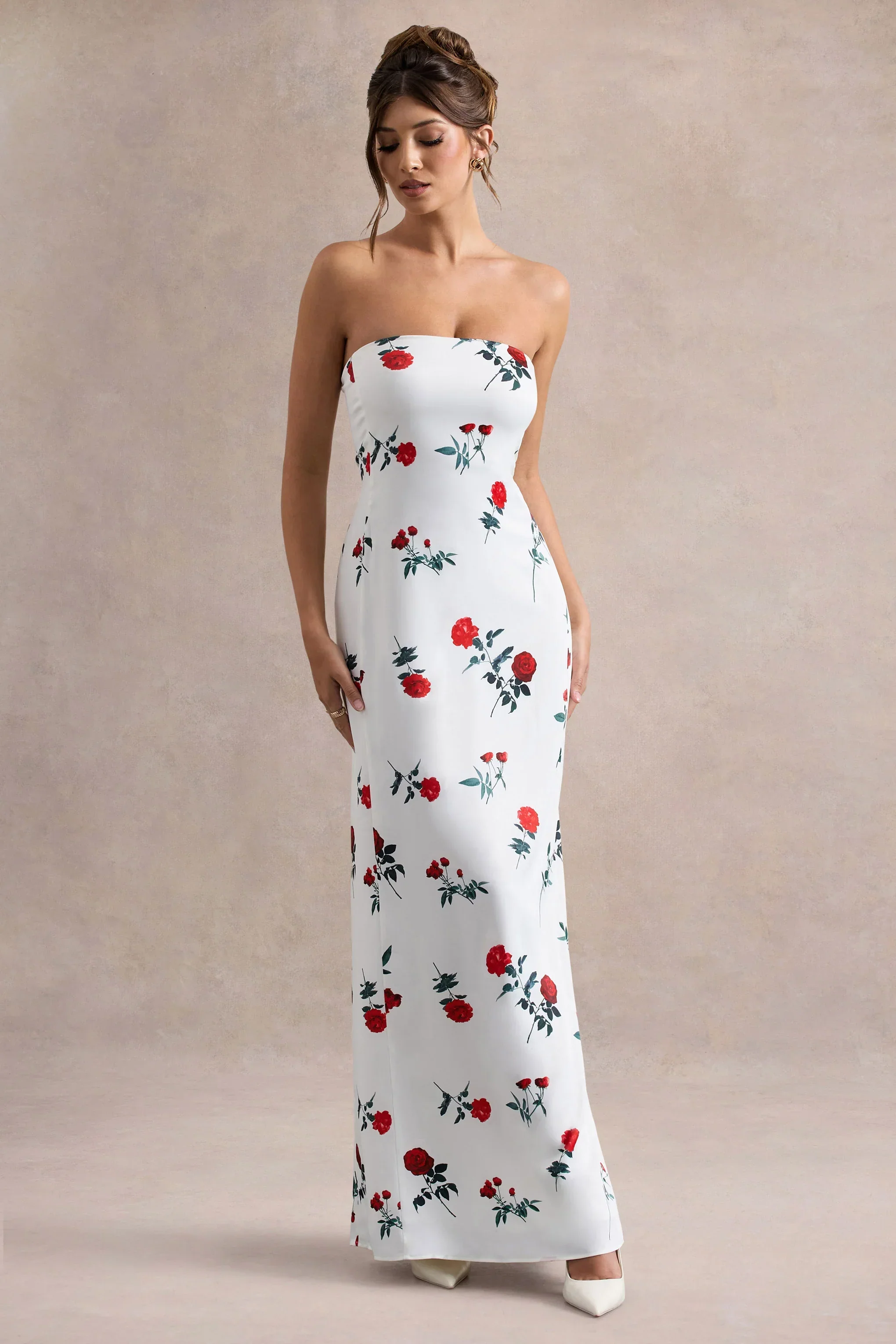 Azra | Rose Print Satin Bandeau Maxi Dress