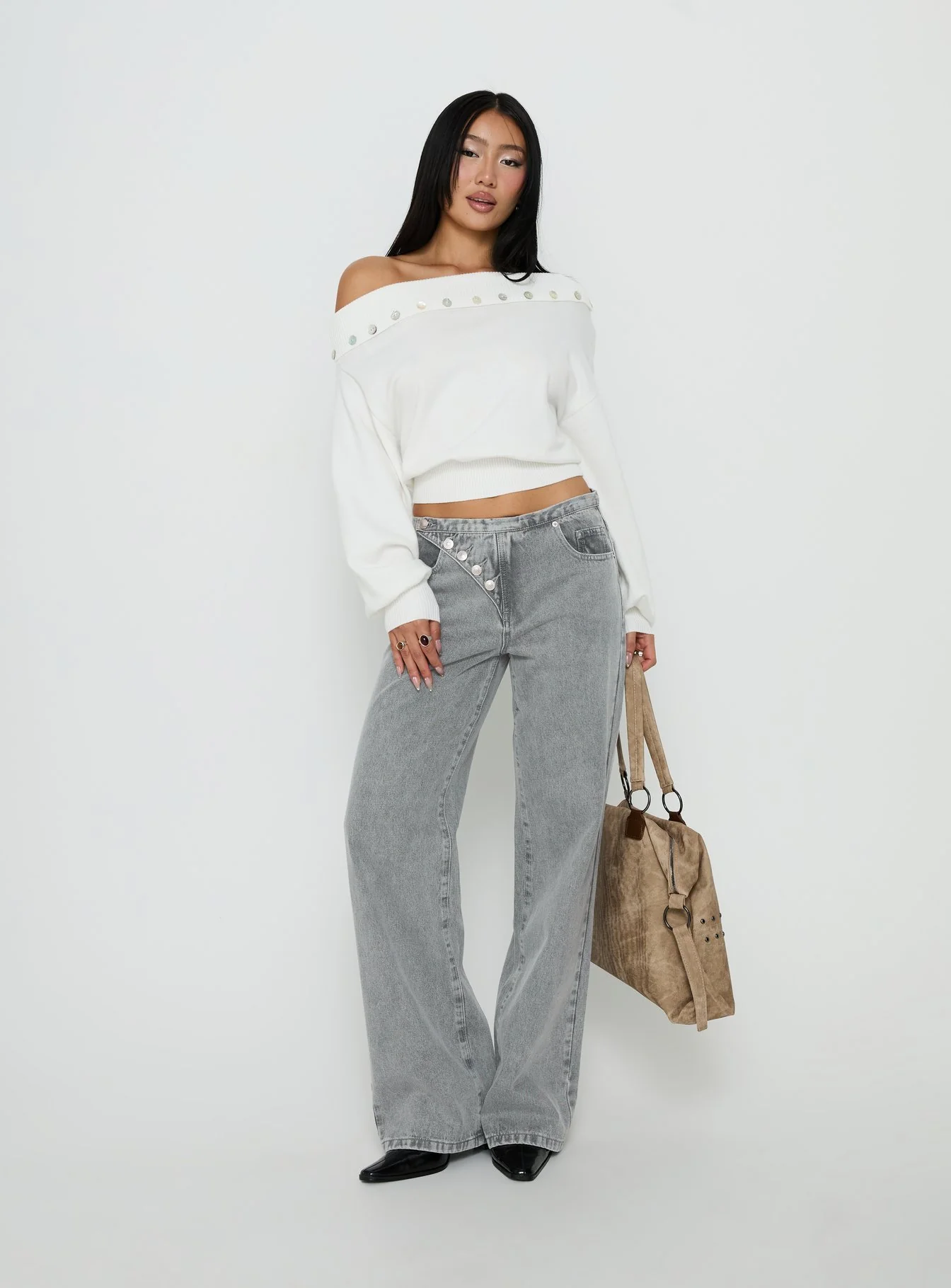 Pipper Asymmetrical Button Up Jeans Grey Wash