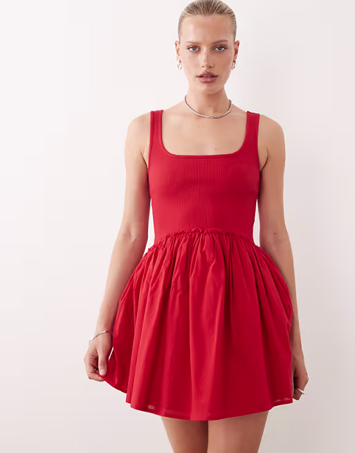 scoop ribbed bodice with poplin skirt mini dress in red