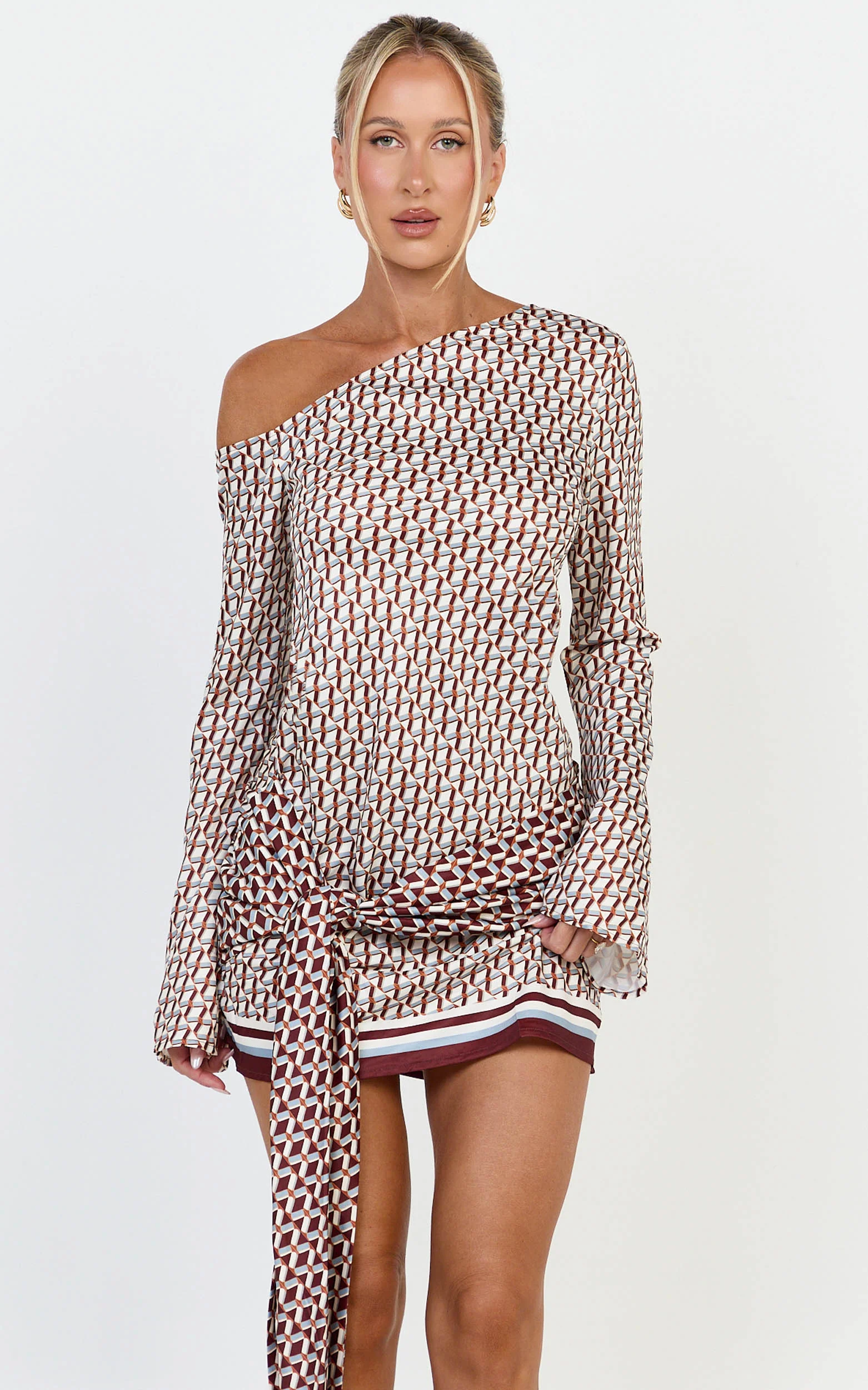 Noelle Mini Dress - Geo Print Off Shoulder Tie Front Dress in Geo Border Print