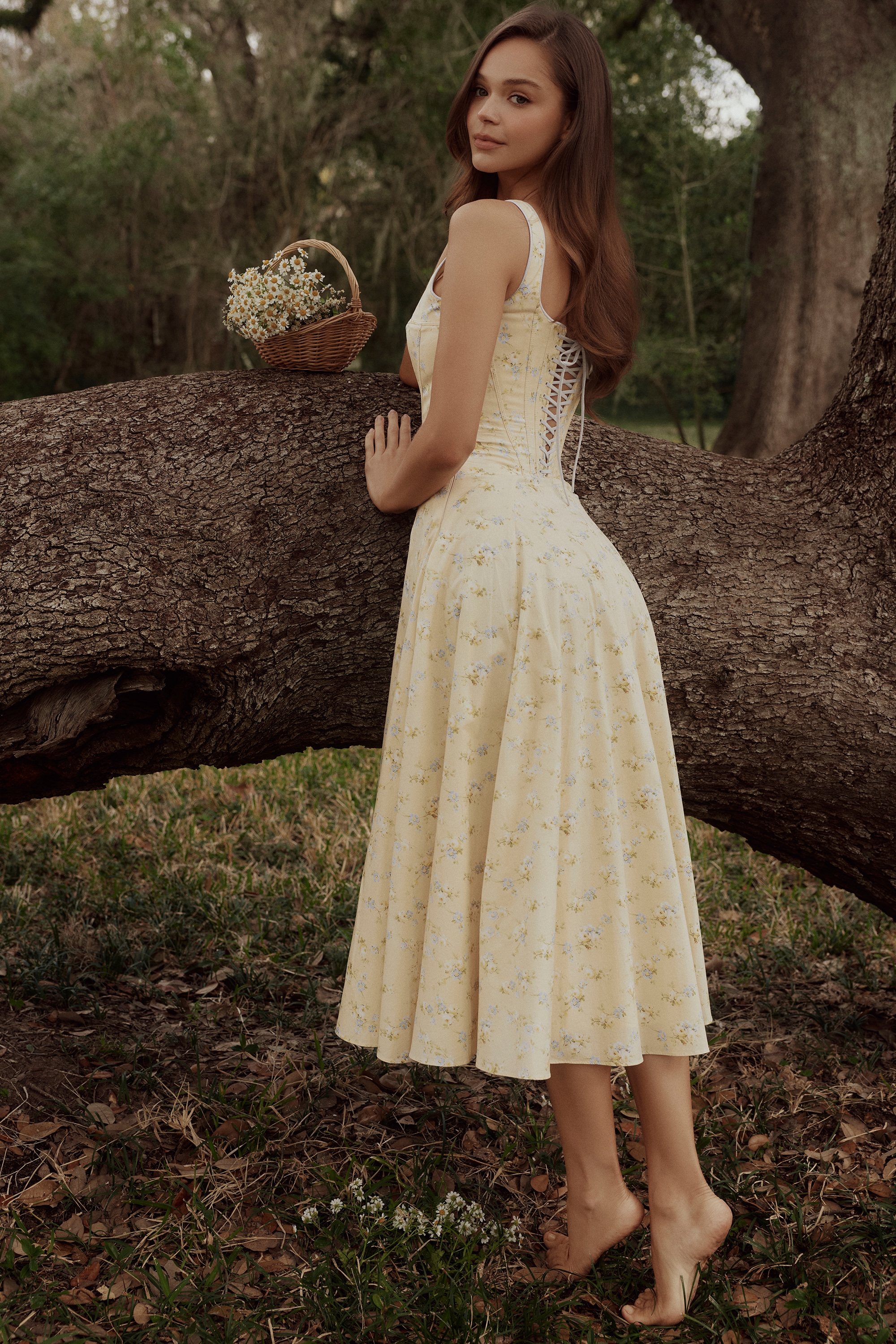 lemon floral print cotton lace up midi sundress