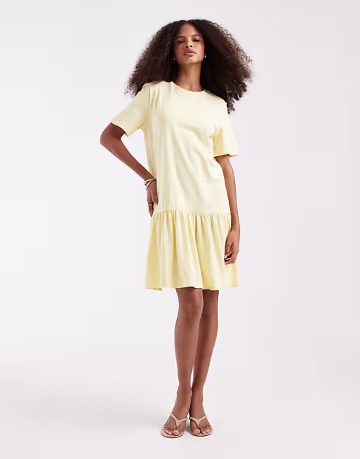 Pieces drop waist short sleeve mini dress in pale yellow