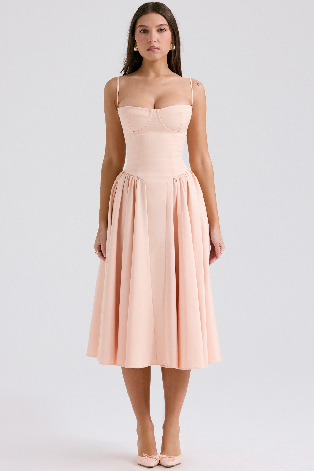 peach parfait twill corset midi dress