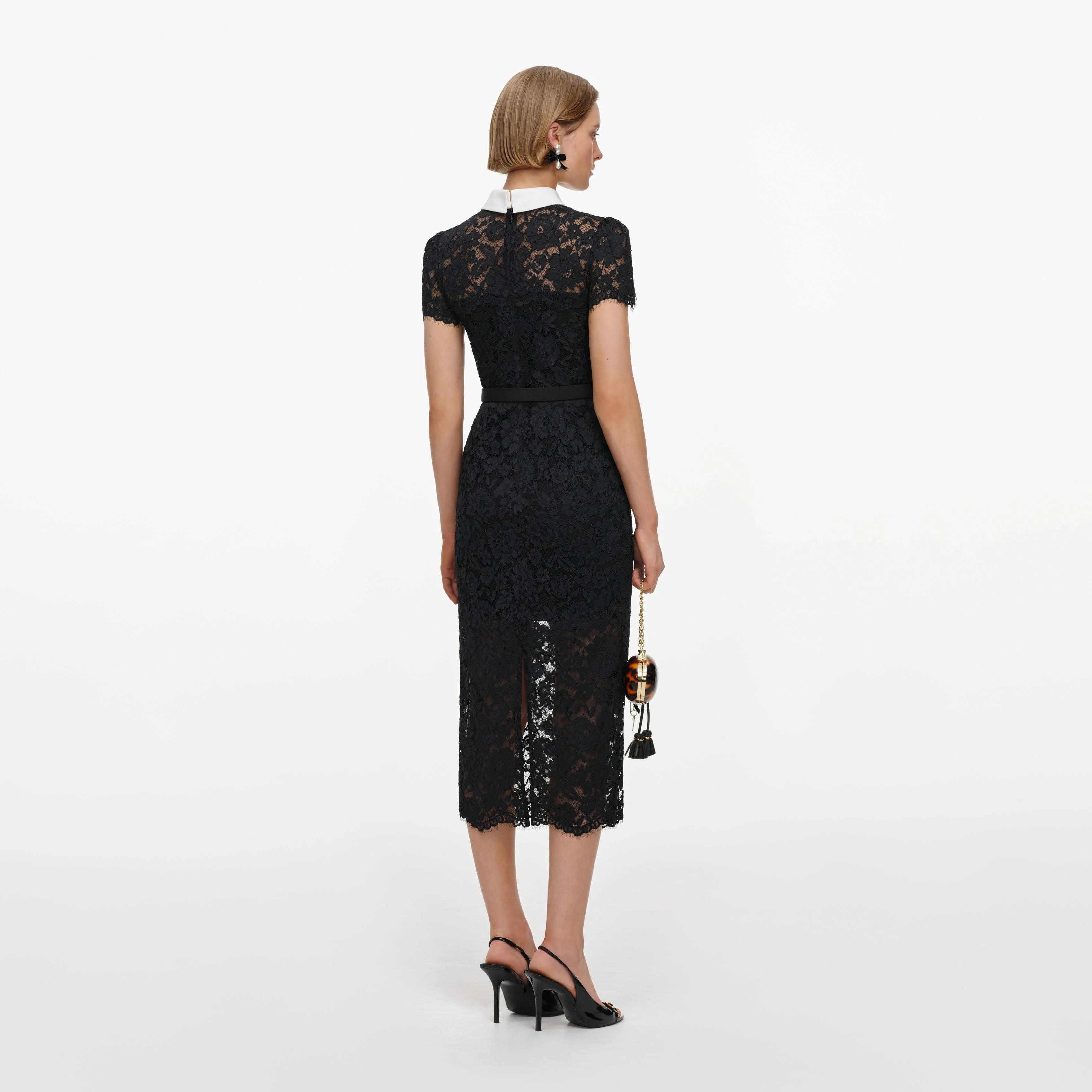 Black Lace Contrast Collar Midi Dress