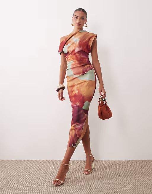 midi dress in scuba-style fabric in blue floral