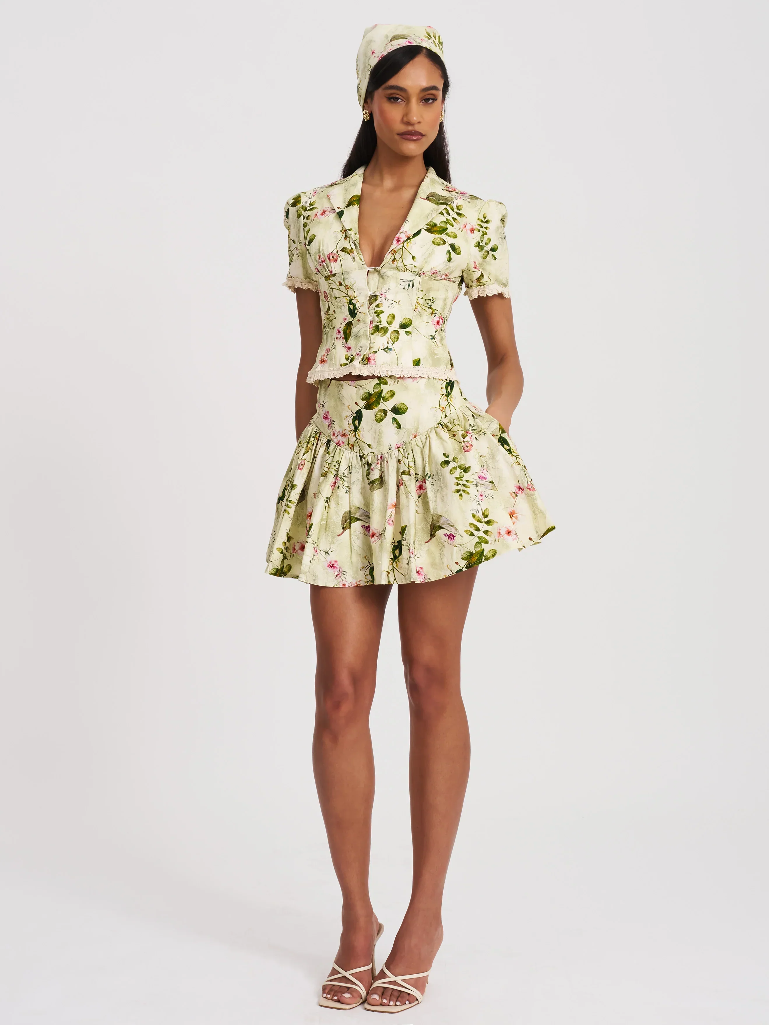 Zanelle Green Floral Print Drop Waist Linen Full Skirt