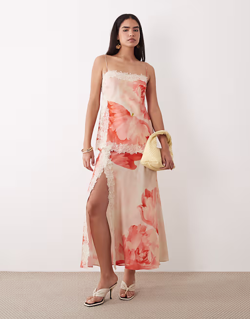 bias cut double layer lace appliqué satin cami maxi dress in orange oversized floral print