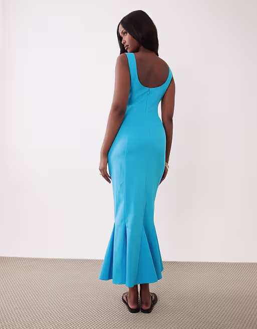 scoop neck fishtail godet midi sundress in tropical turquoise