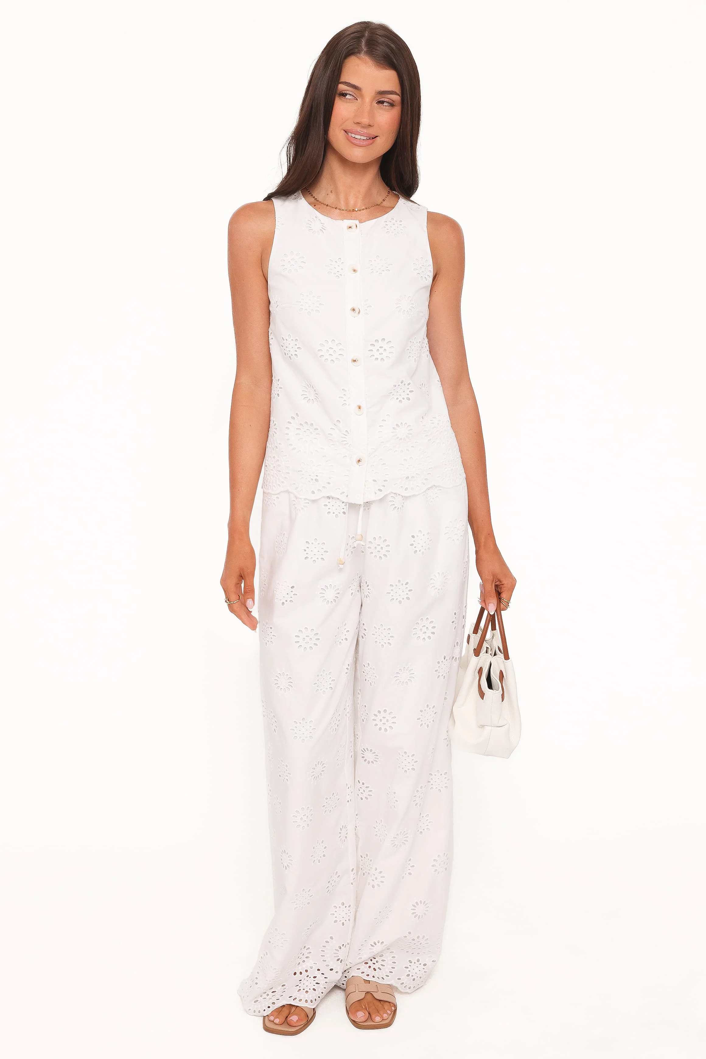 Winny Button Front Top - White Broderie